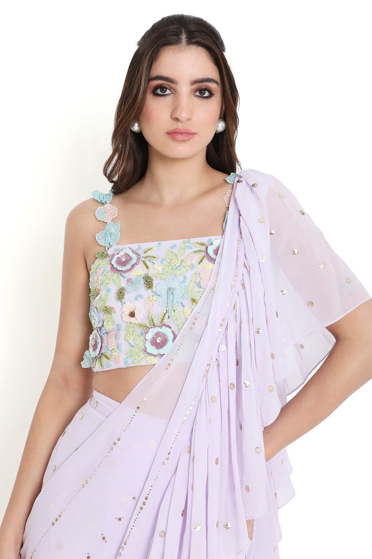 Paola Lavender Embroidered Choli With Pre-stitched Ruffle Saree