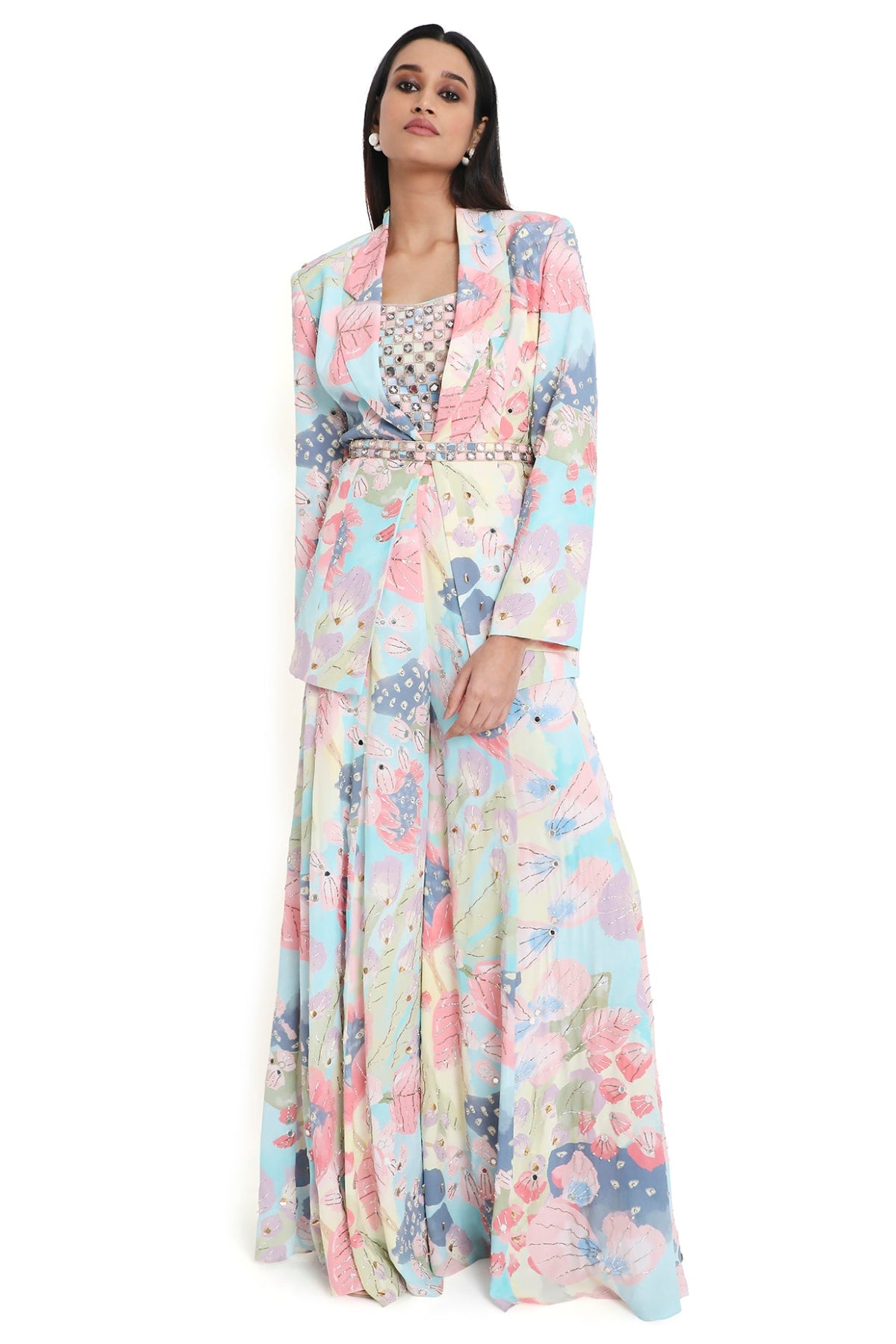 Fresia Euphoria Print Embroidered Blazer With Bustier And Sharara With Belt