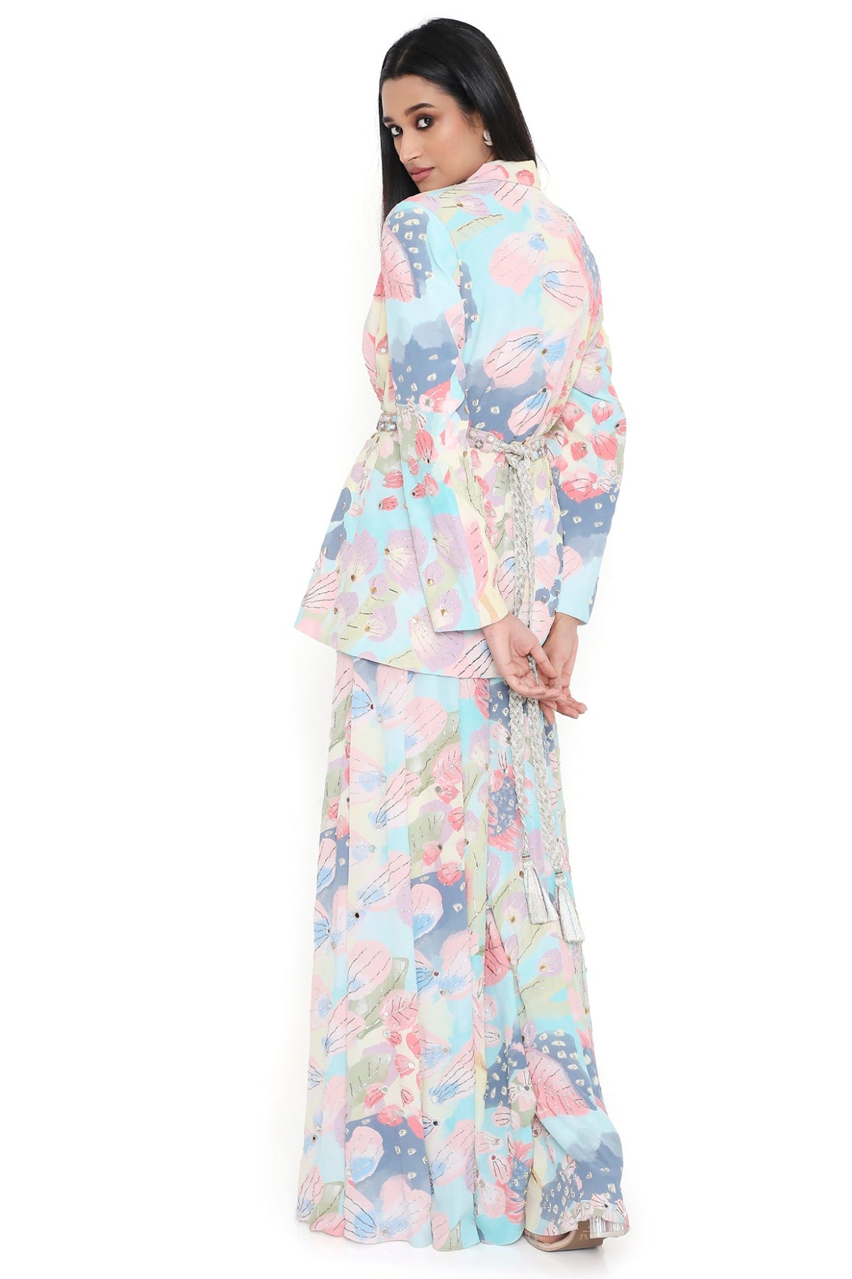 Fresia Euphoria Print Embroidered Blazer With Bustier And Sharara With Belt