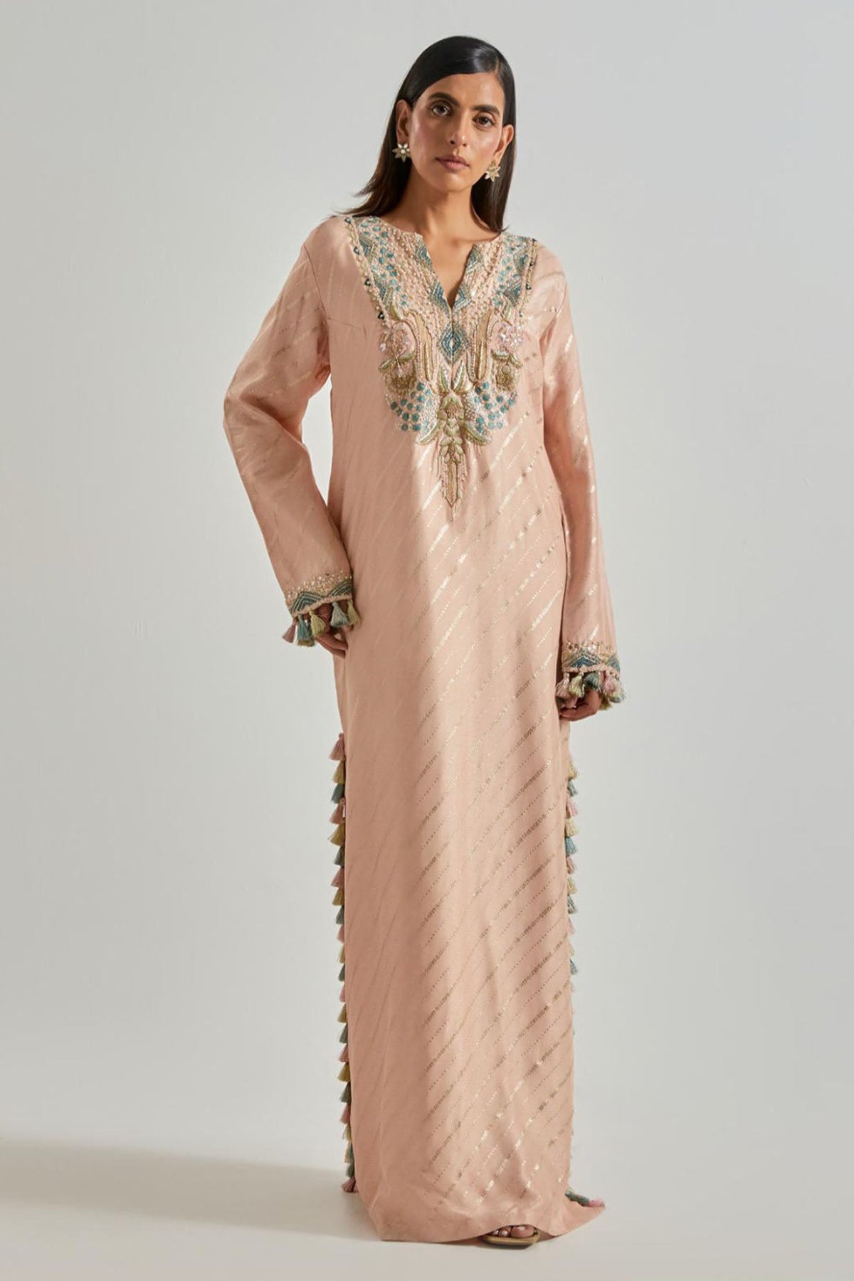 Peachy Pink Line Dola Silk Beyza Kaftan