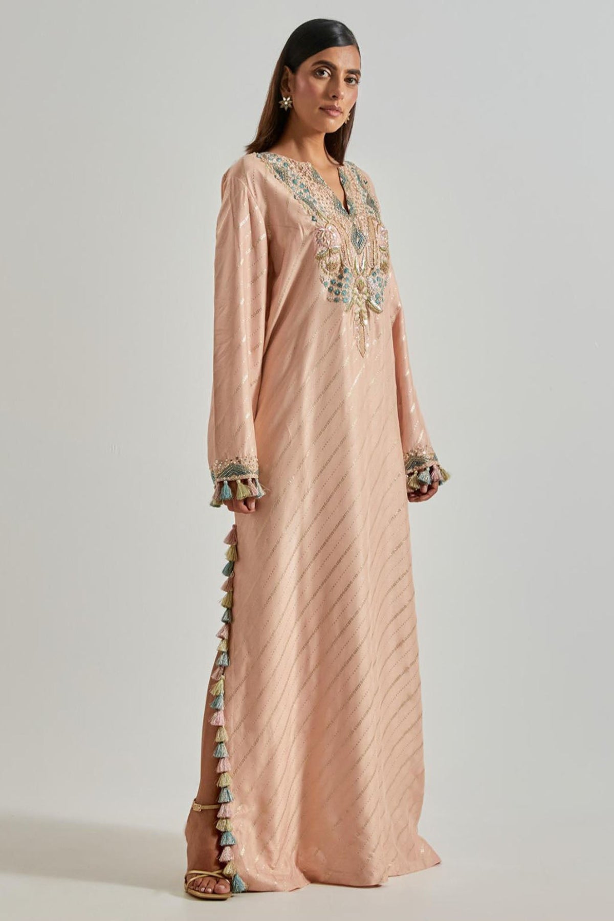 Peachy Pink Line Dola Silk Beyza Kaftan