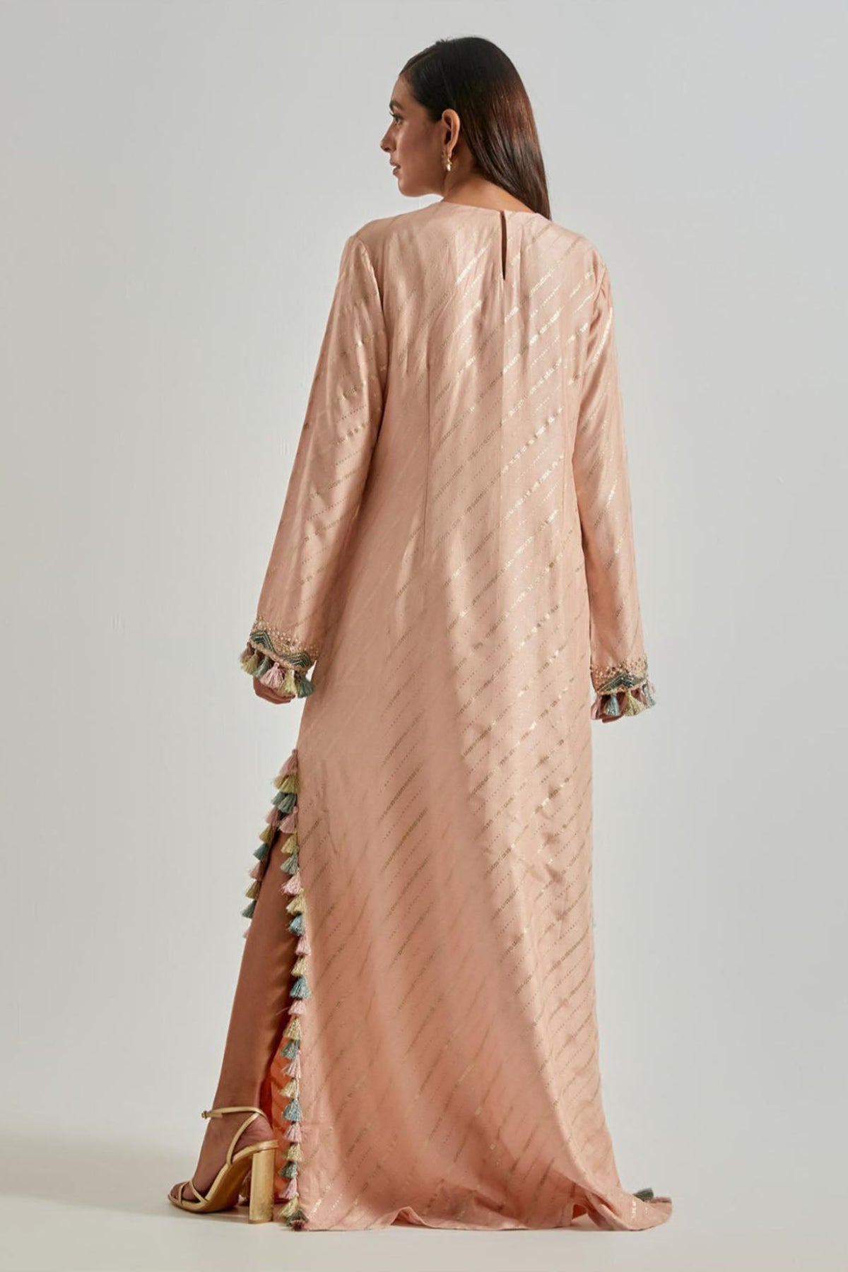 Peachy Pink Line Dola Silk Beyza Kaftan