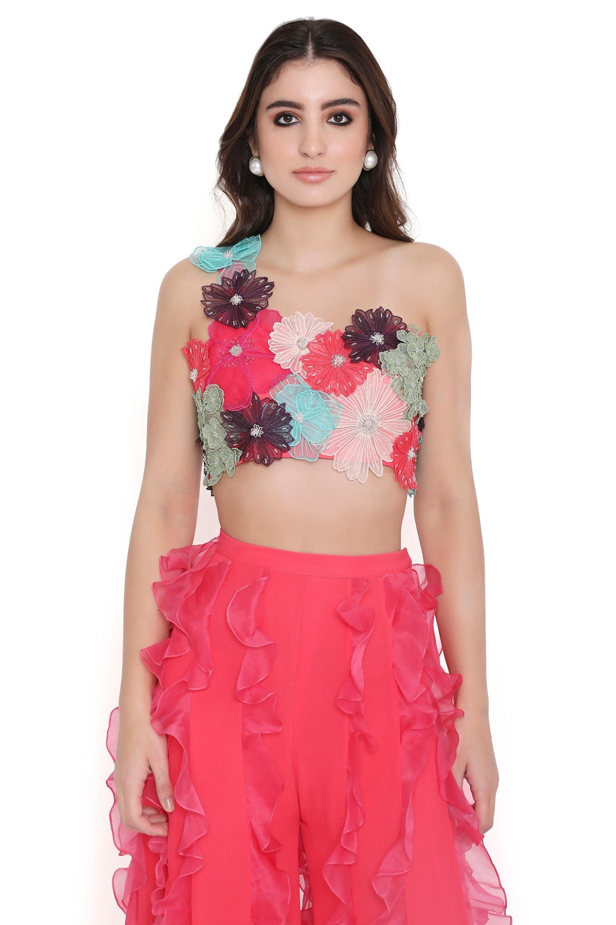 Rosetta Coral 3d Floral Embroidered One Shoulder Choli And Coral Sharara With Hot Pink Ruffles