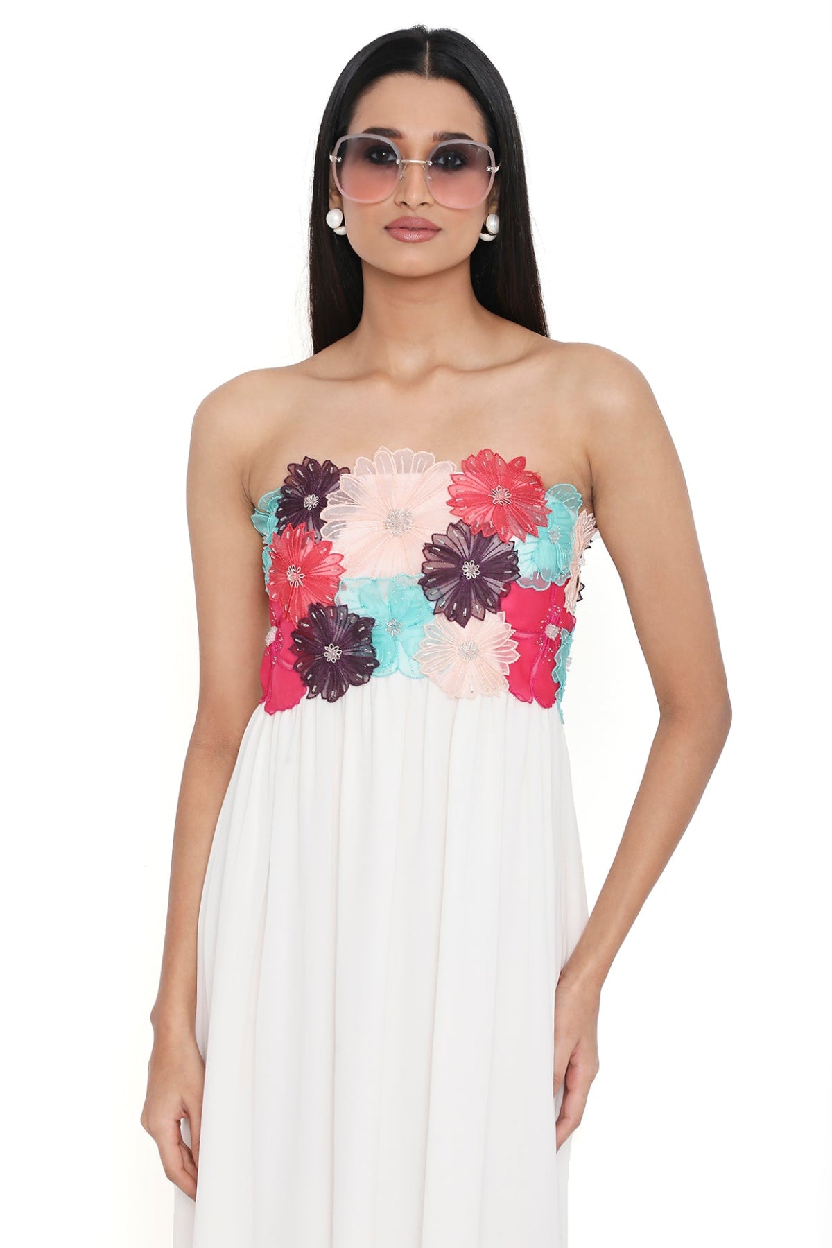 Viola Off White 3d Flower Embroidered Maxi Dress