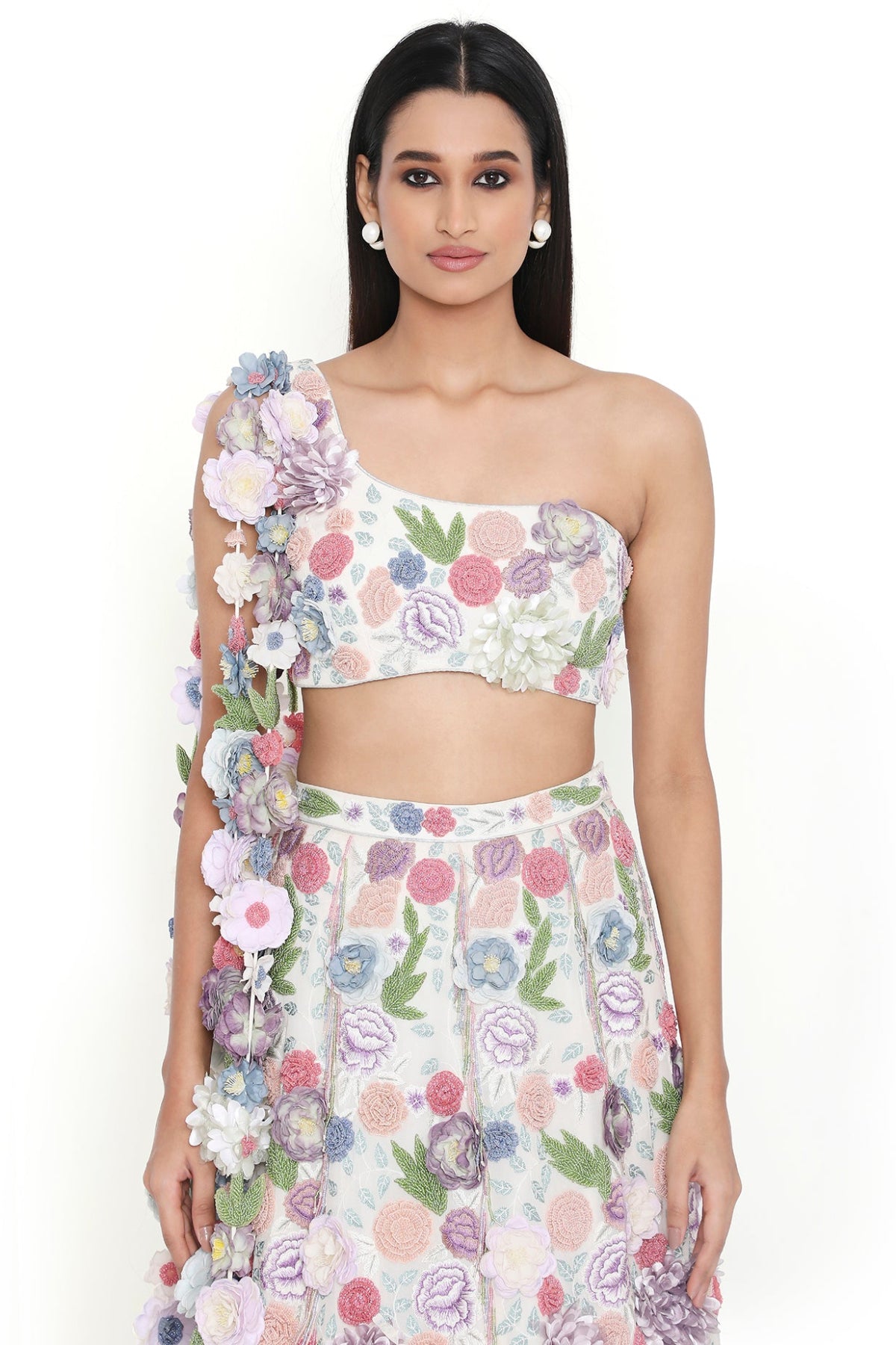 Lana Off White Embroiderd Choli With Hanging Flowered Tassels On Shoulder And Lehenga