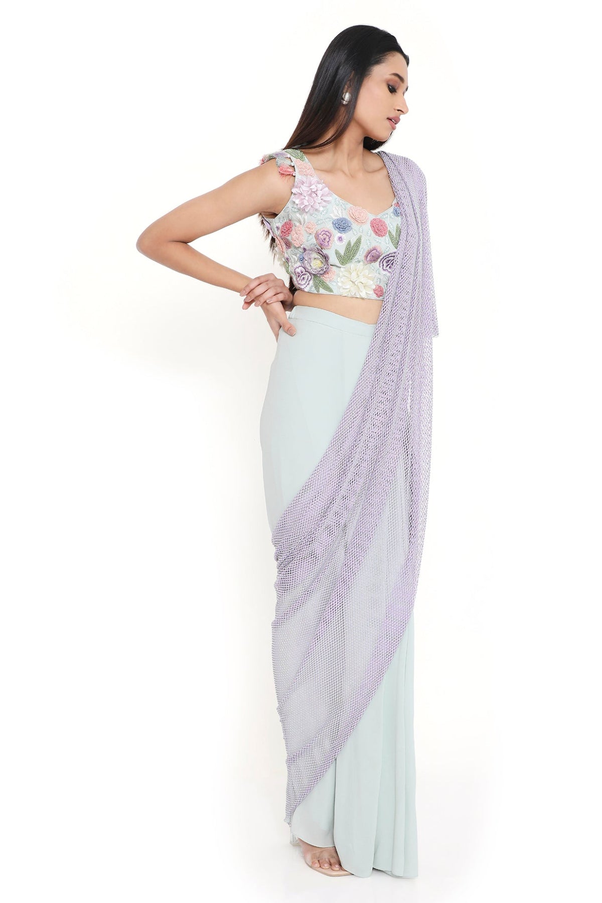 Verona Sea Foam Embroidered Choli And Saree With Purple Mesh Pallu