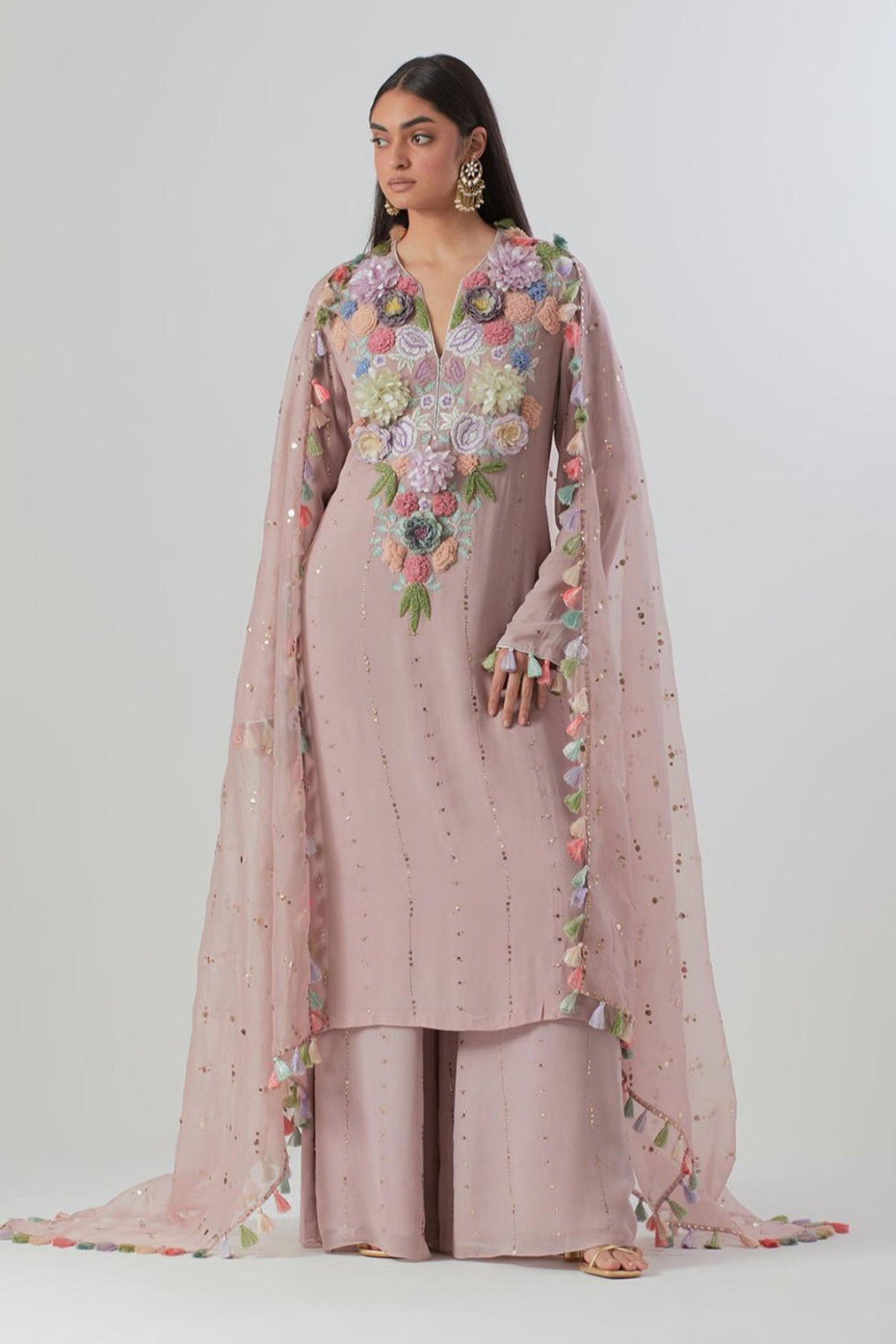 Lilac Embroidered Kurta And Palazzo With Dupatta