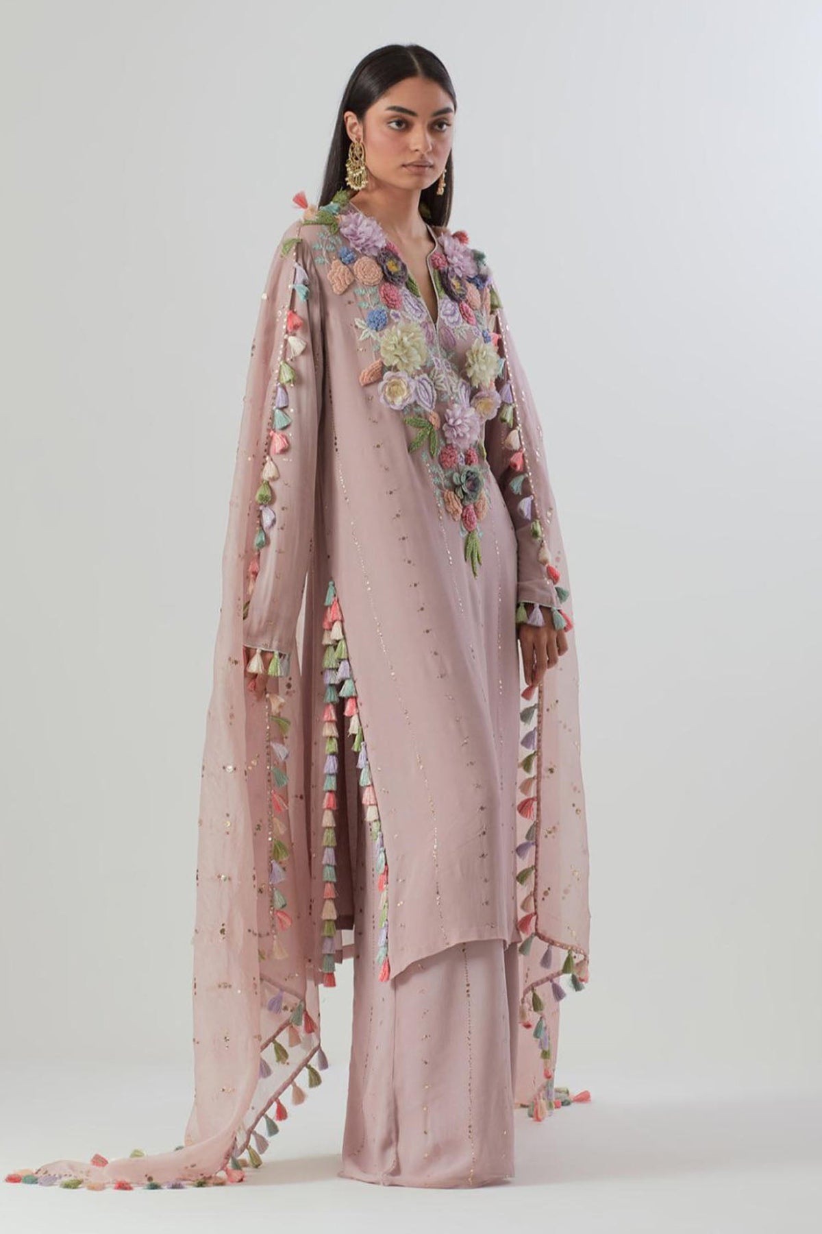 Lilac Embroidered Kurta And Palazzo With Dupatta