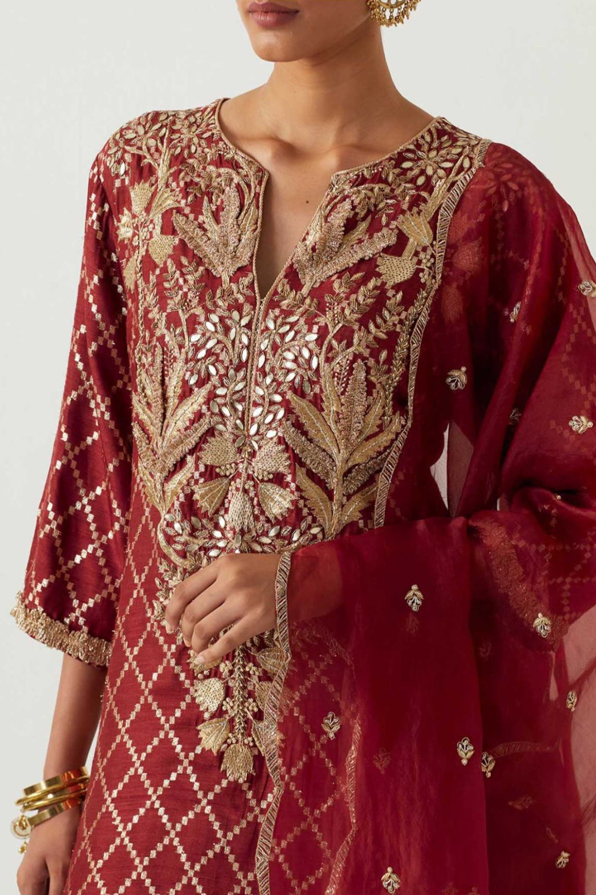 Maroon Embroidered Kurta With Pant And Embroidered Dupatta