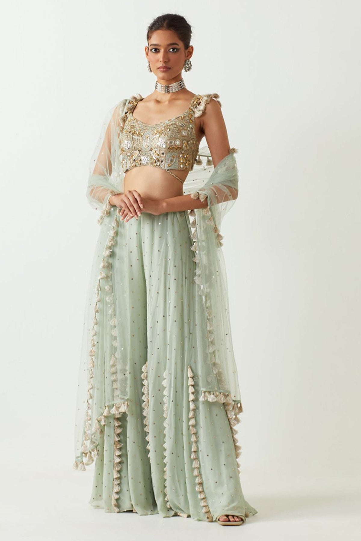 Powder Blue Embroidered Choli With Sharara And Dupatta