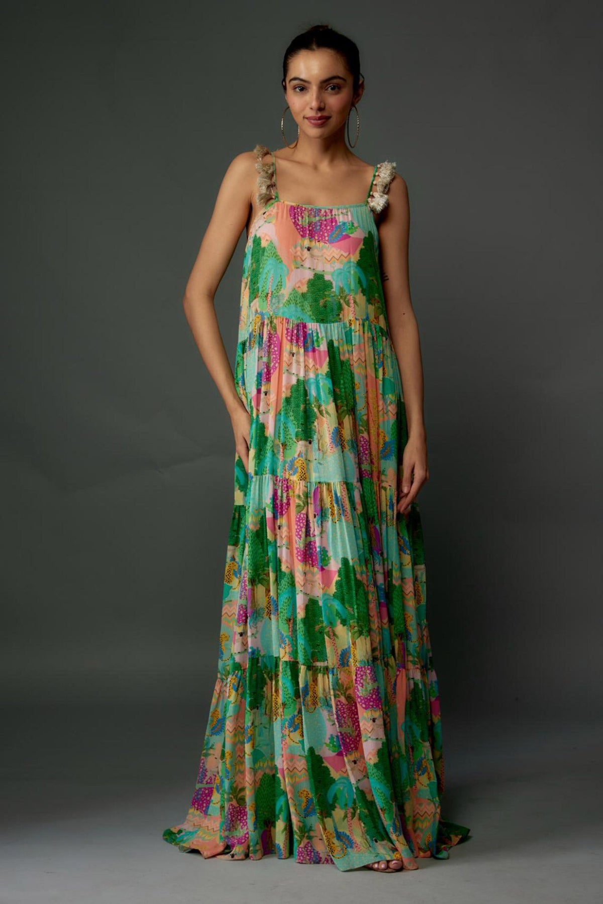 Peach Kuno Print Georgette Long Trapese Dress
