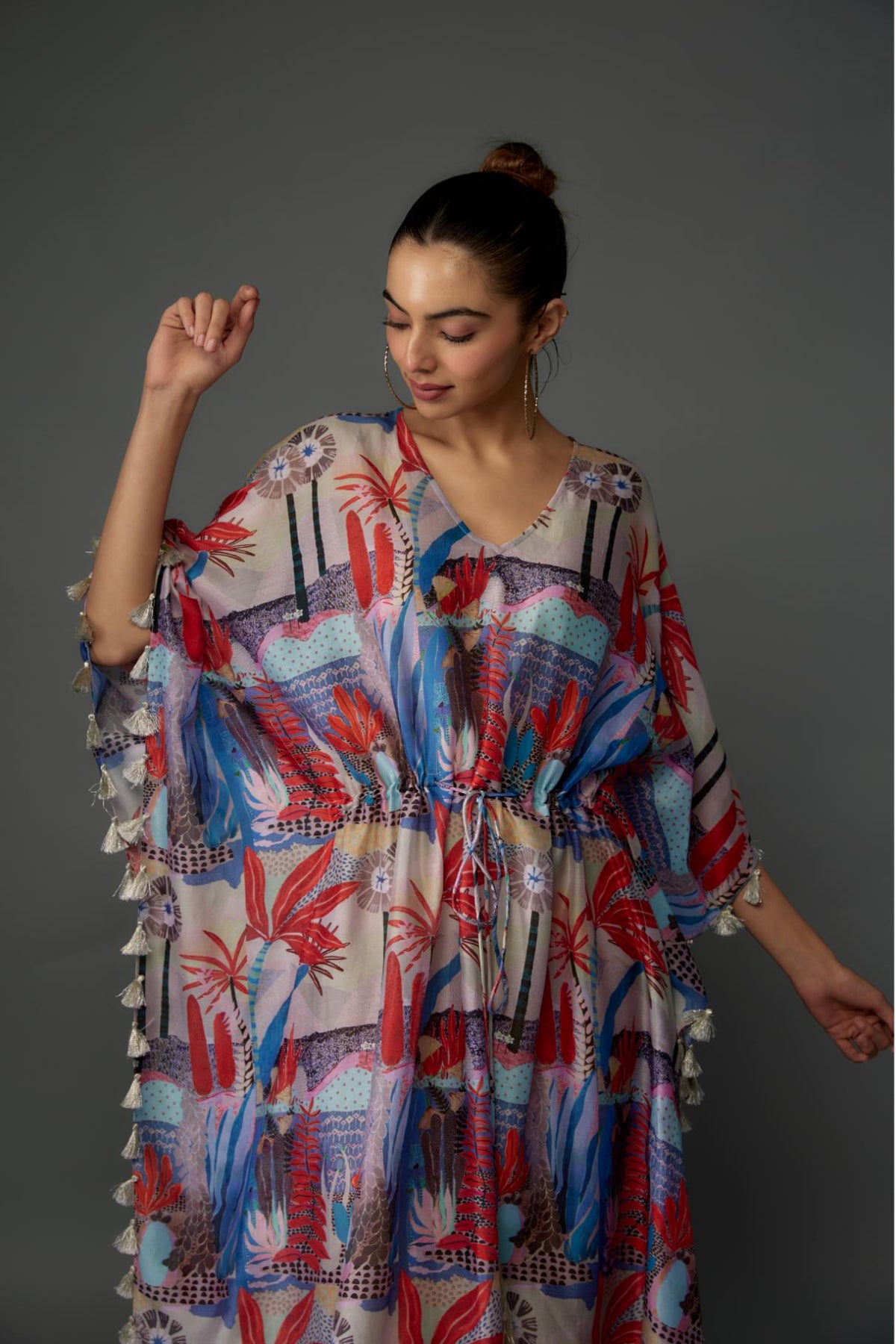 Red Tropical Print Silkmul Kaftan With Tassels