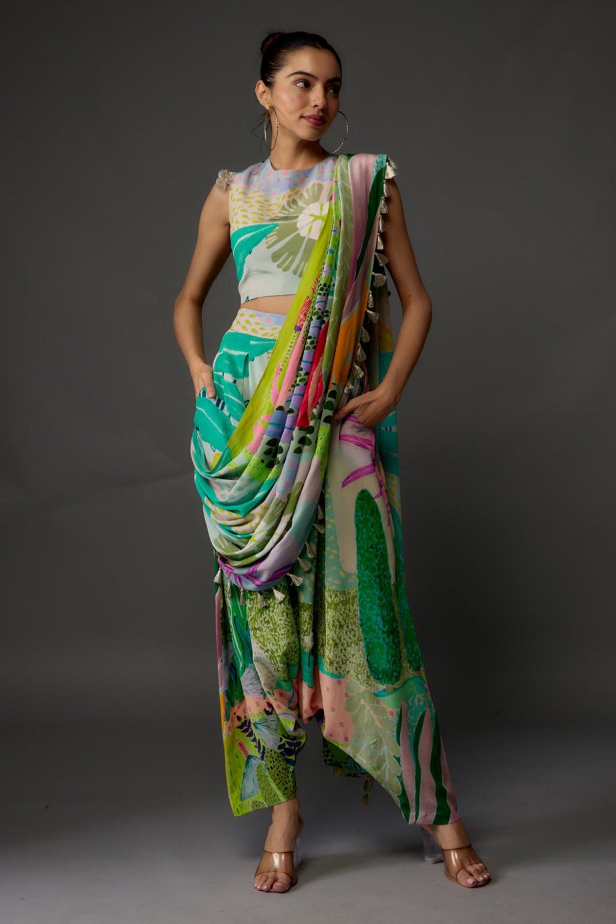 Tropical Print Crepe Top & Low-Crotch Pants With Attached Drape