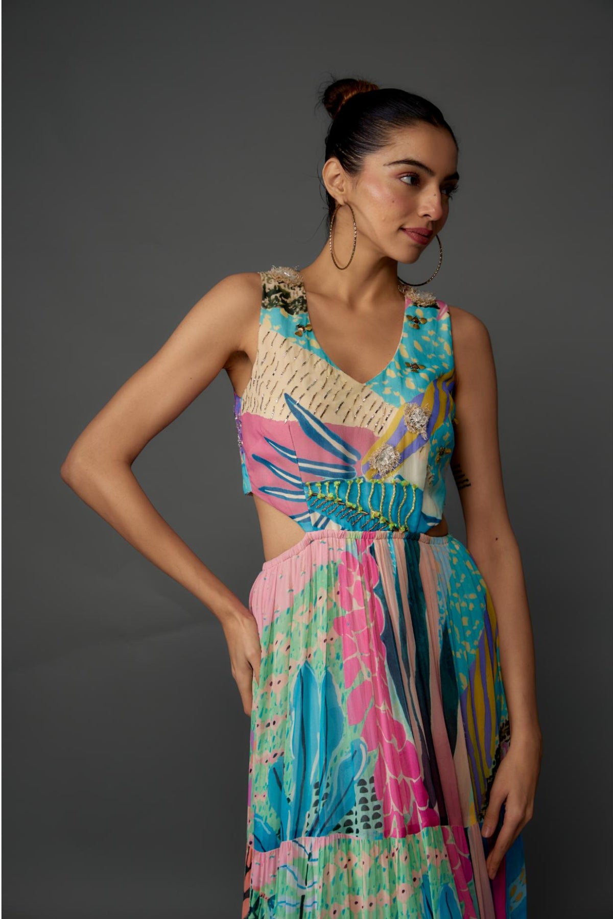 Aqua Tropical Print Art Georgette Embroidered Cut-Out Dress