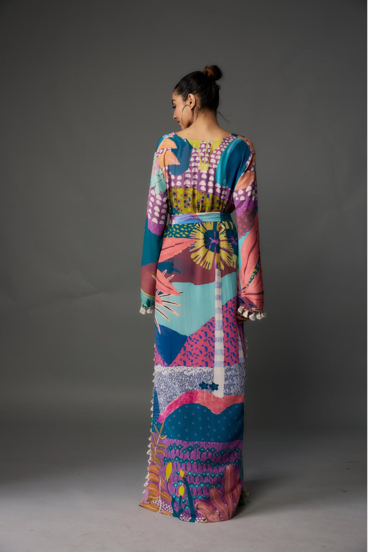 Purple Tropical Print Crepe Long Beyza Kaftan