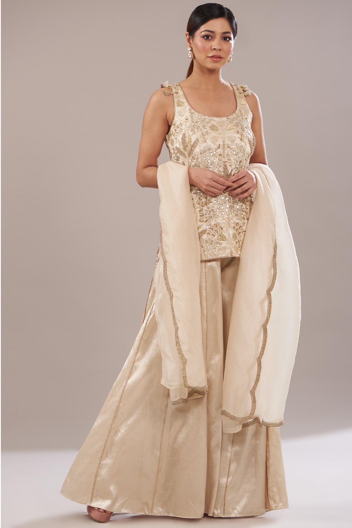 Stone Embroidered Kurta & Sharara With Dupatta