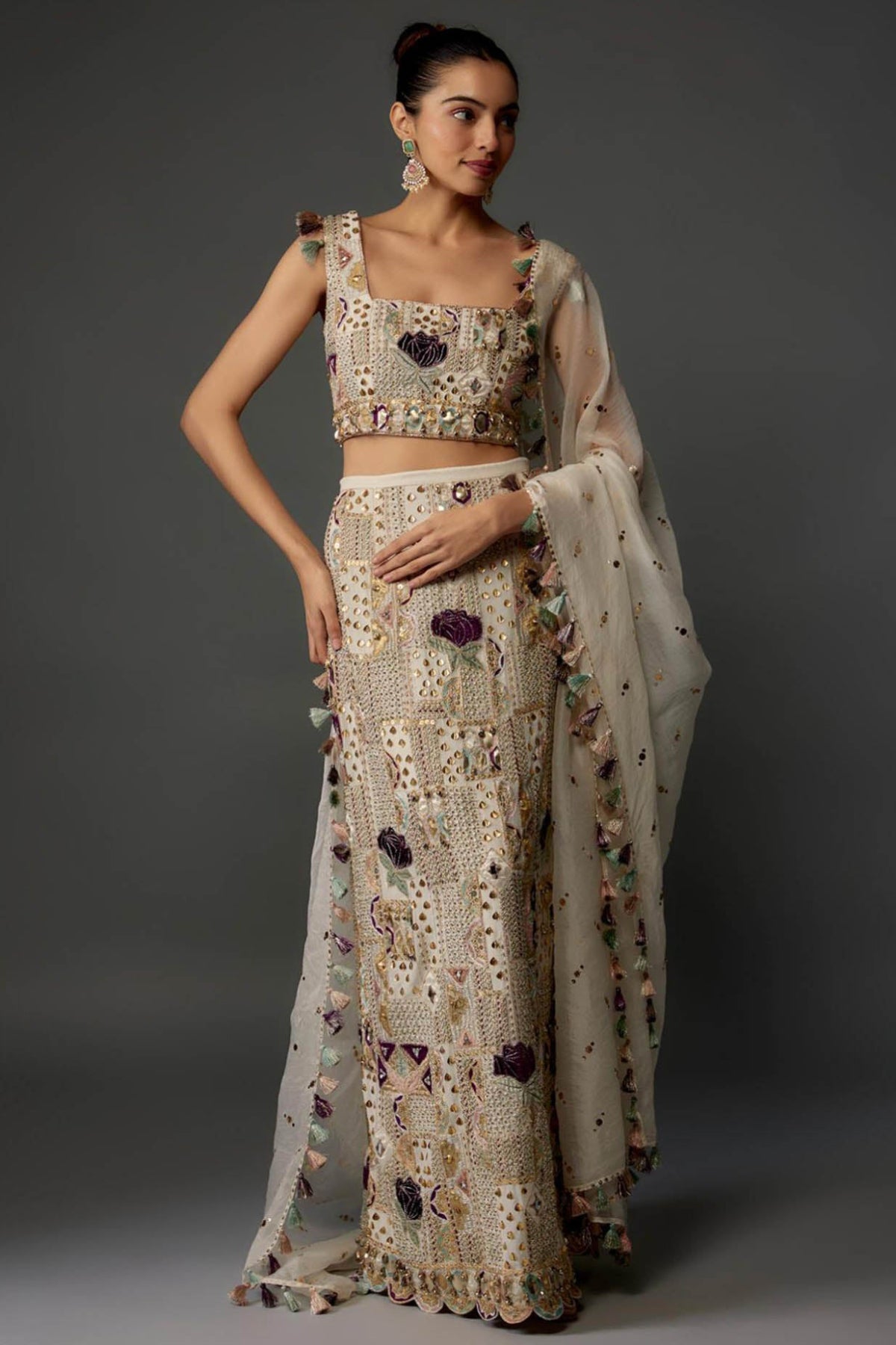 Off-White Embroidered Choli And Skirt With Dupatta