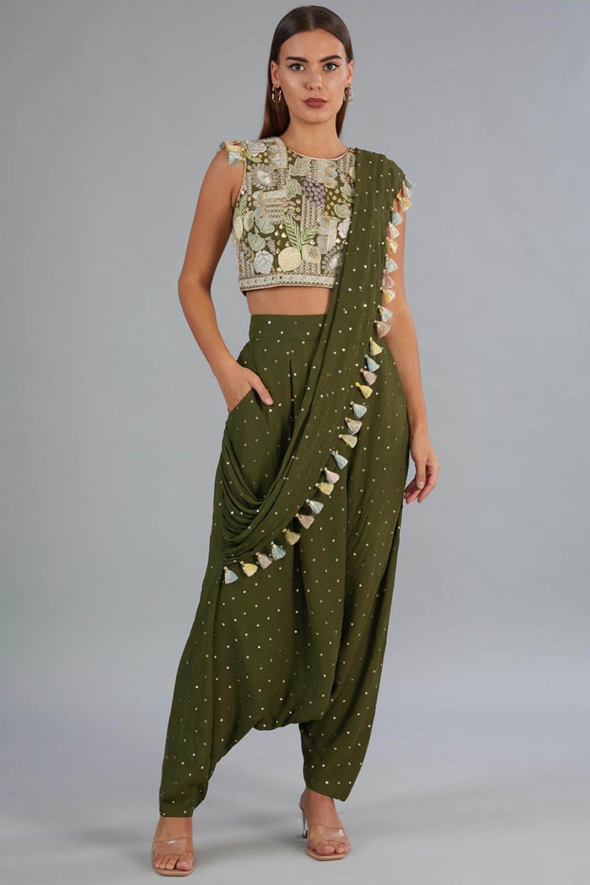 Olive Green Embroidered Top And Low Crotch Pant With Attached Drape