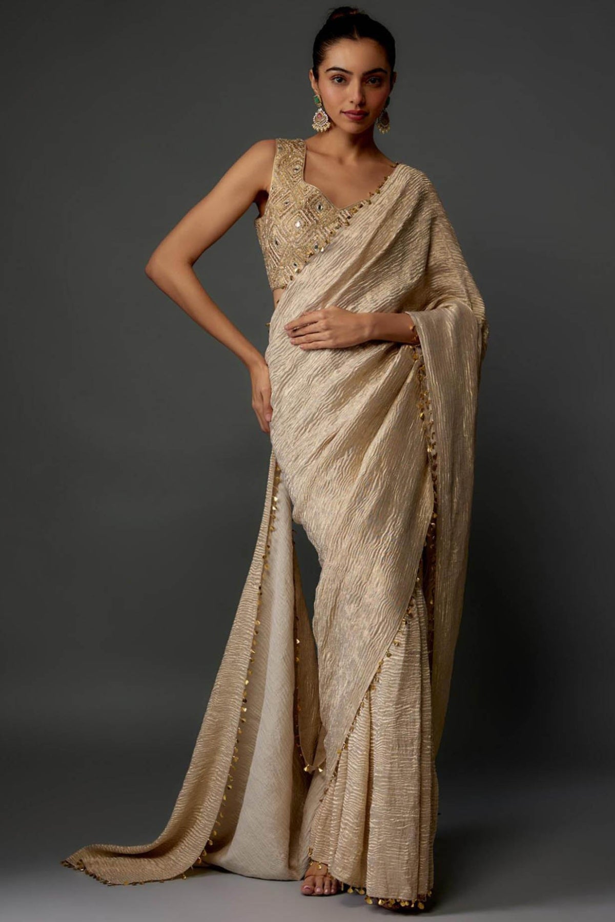 Gold Embroidered Choli And Pre-Stitched Saree