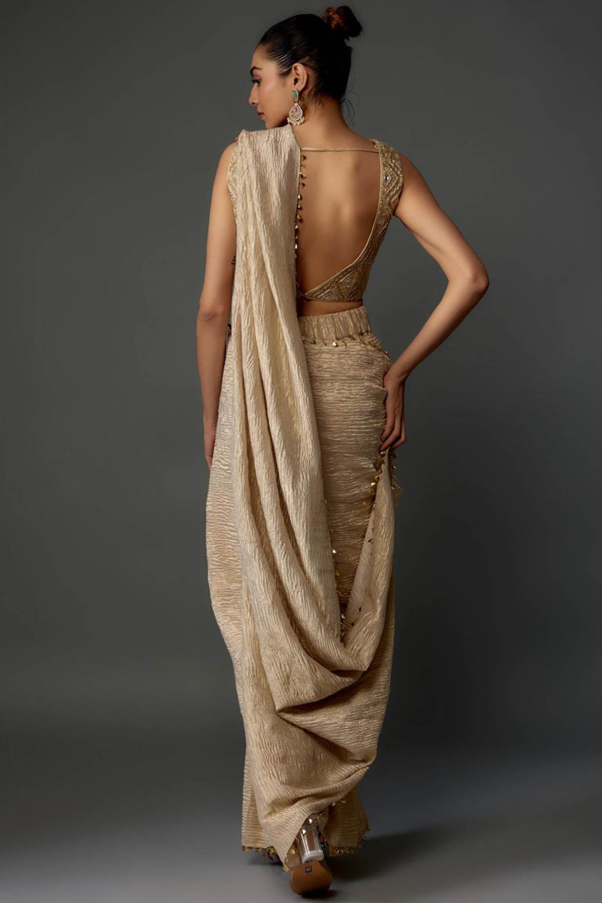 Gold Embroidered Choli And Pre-Stitched Saree