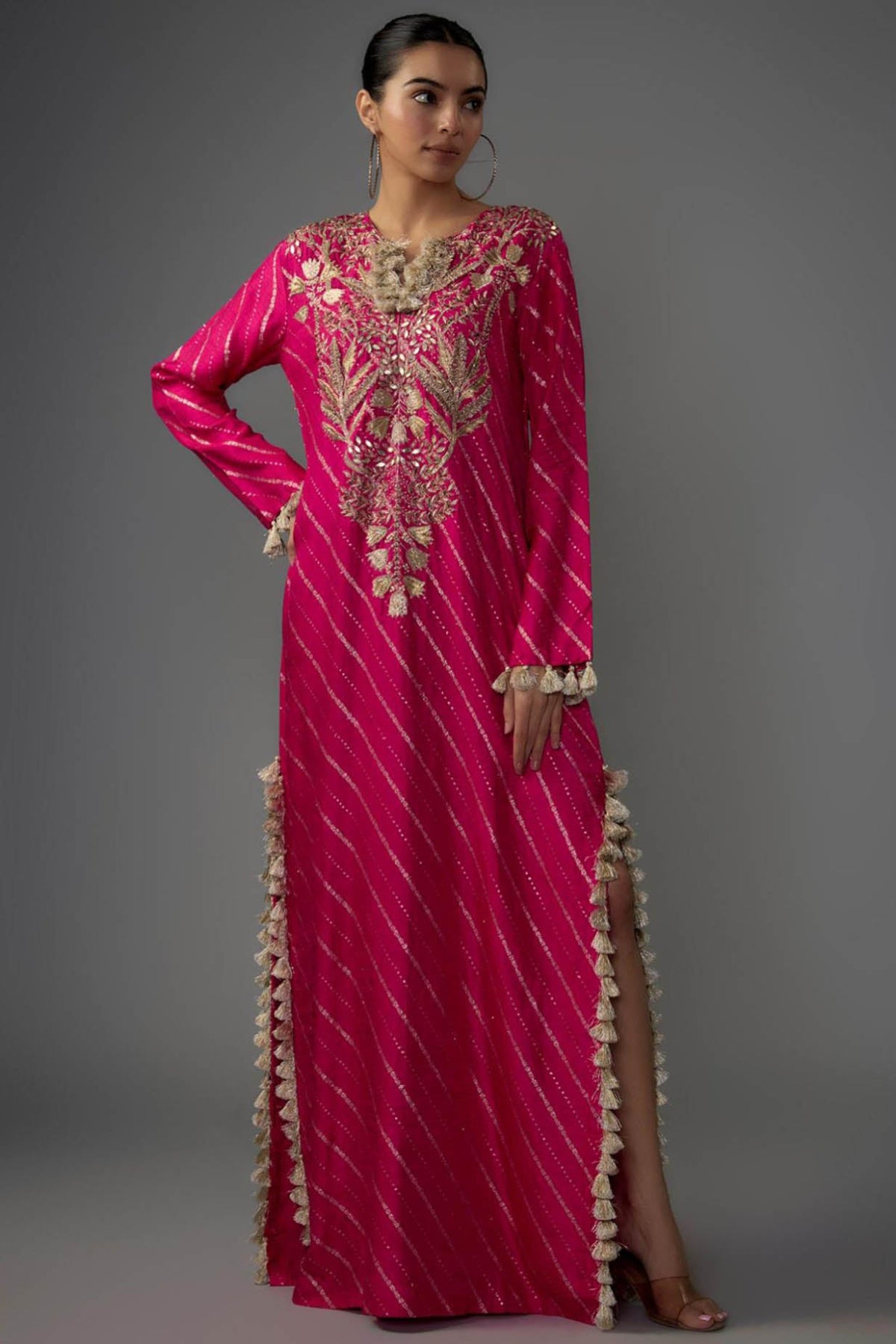 Hot Pink Embroidered Long Beyza Kaftan