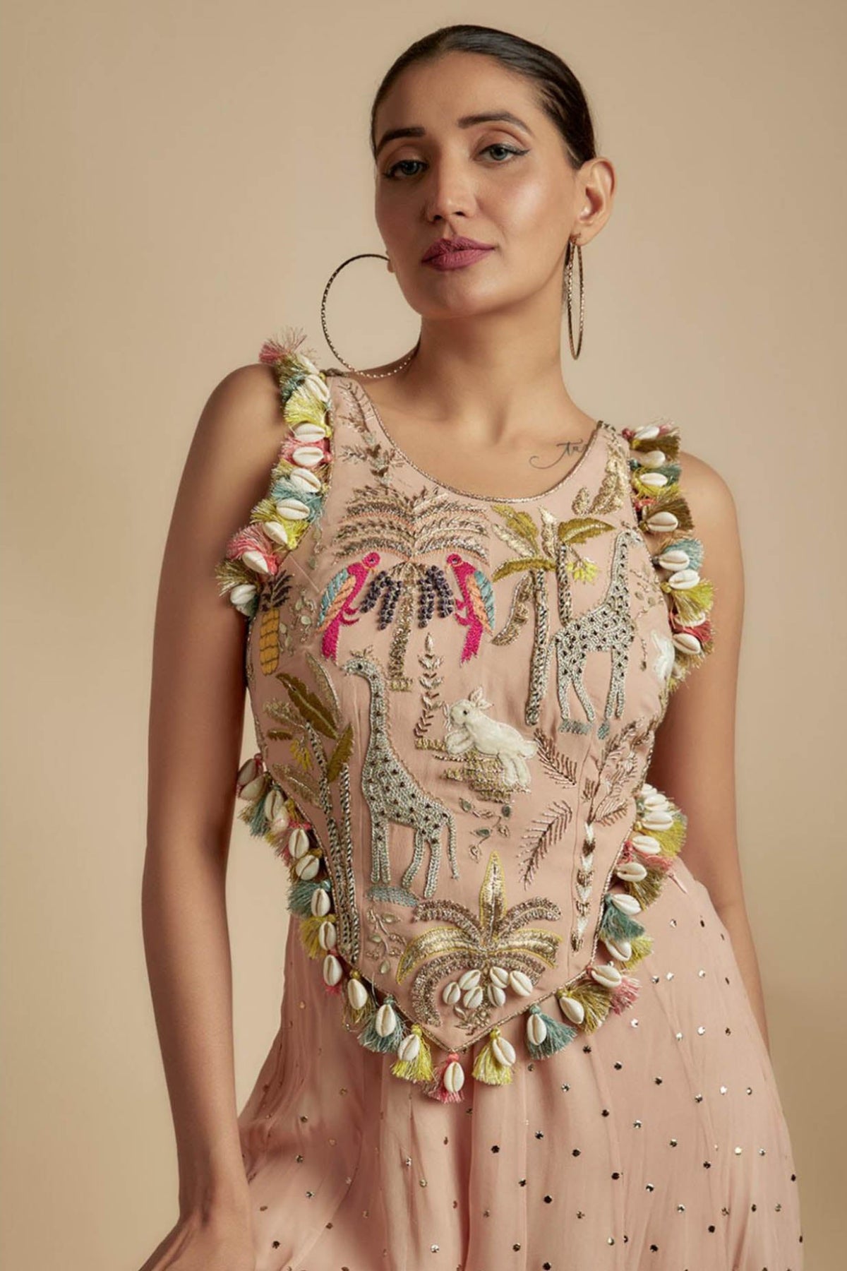 Rose Pink Embroidered Back Tie-Up Choli With Sharara