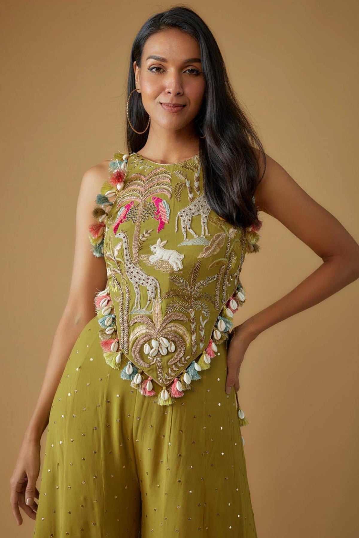 Olive Green Embroidered Back Tie-Up Choli With Sharara