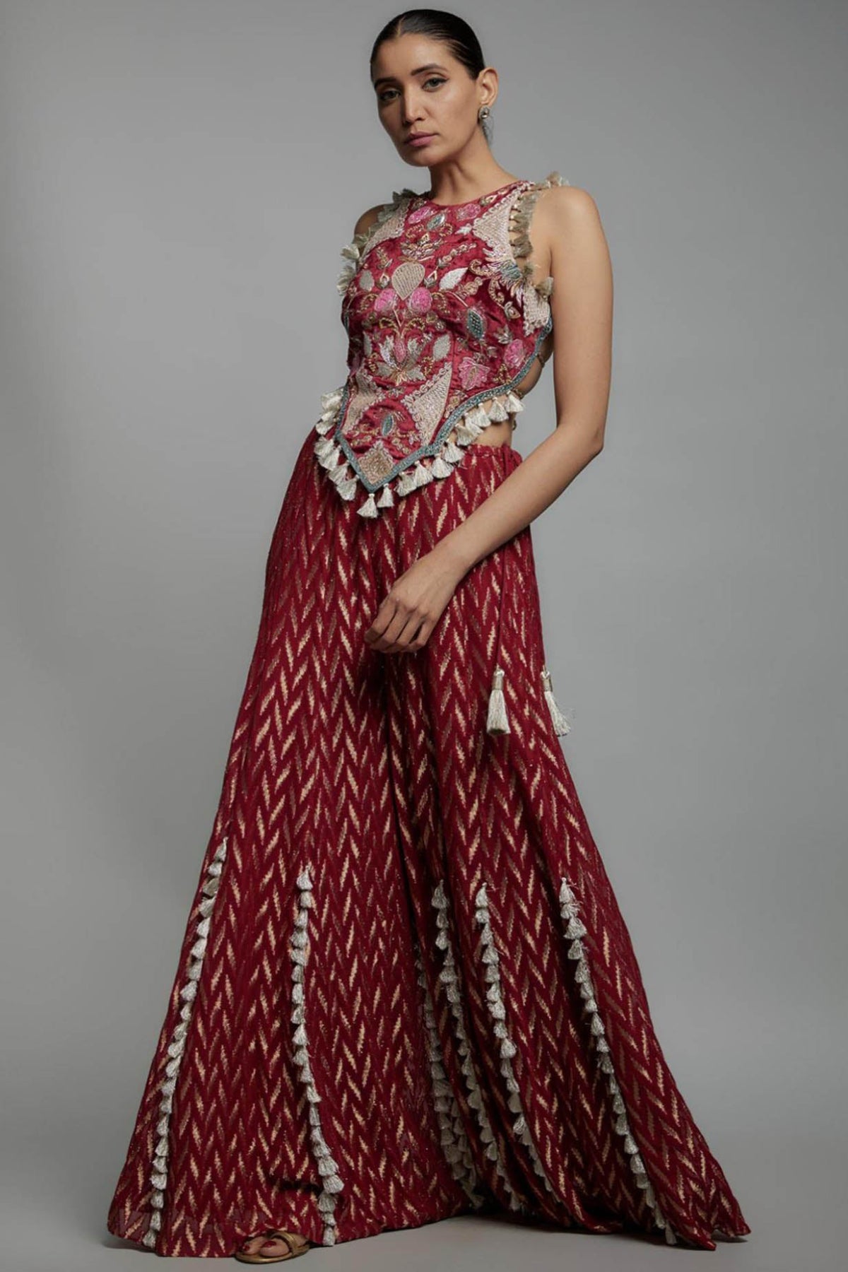 Maroon Embroidered Back Tie-Up Choli With Sharara