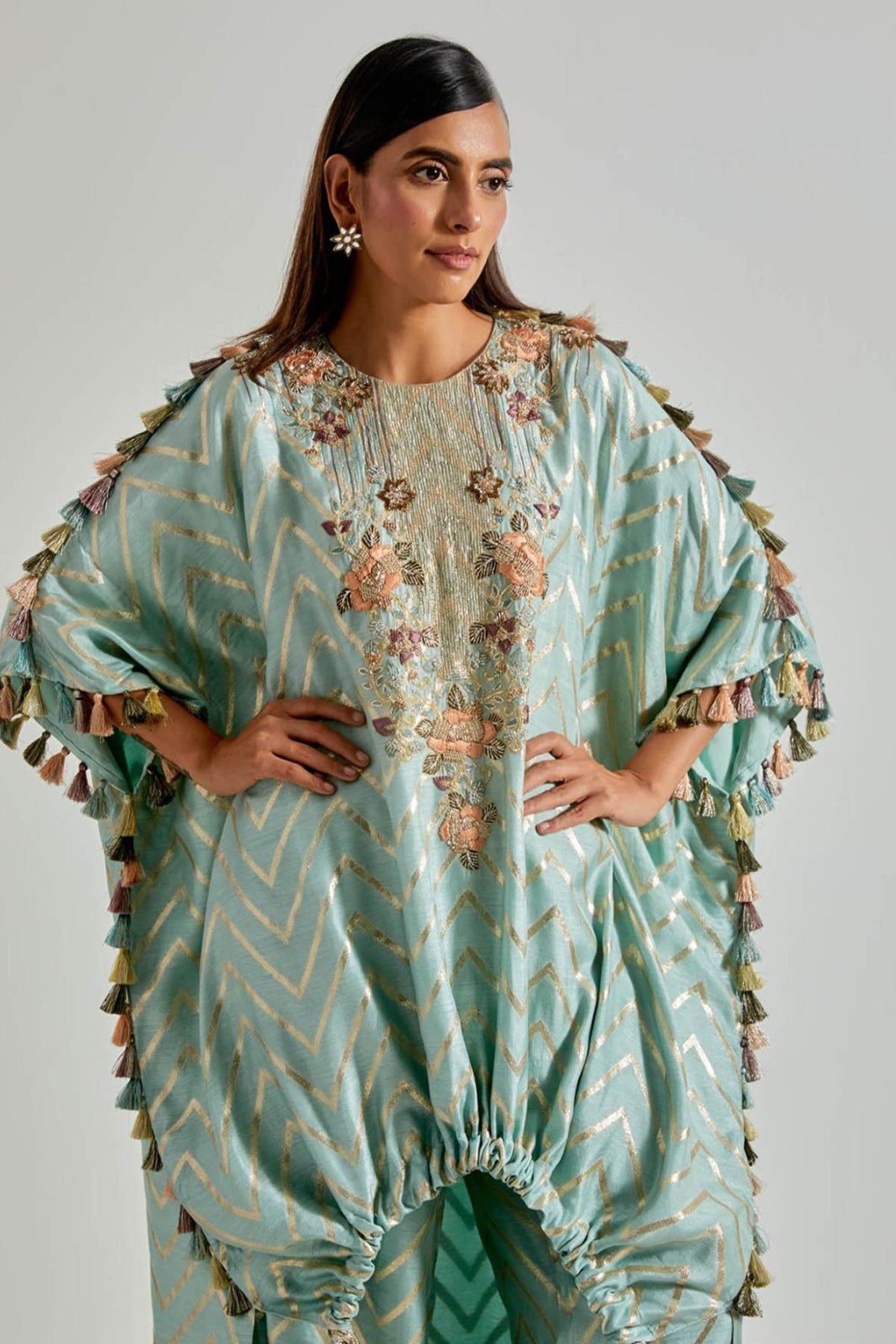 Powder Blue Zig-Zag Dola Silk Kurta with Jogger Pants