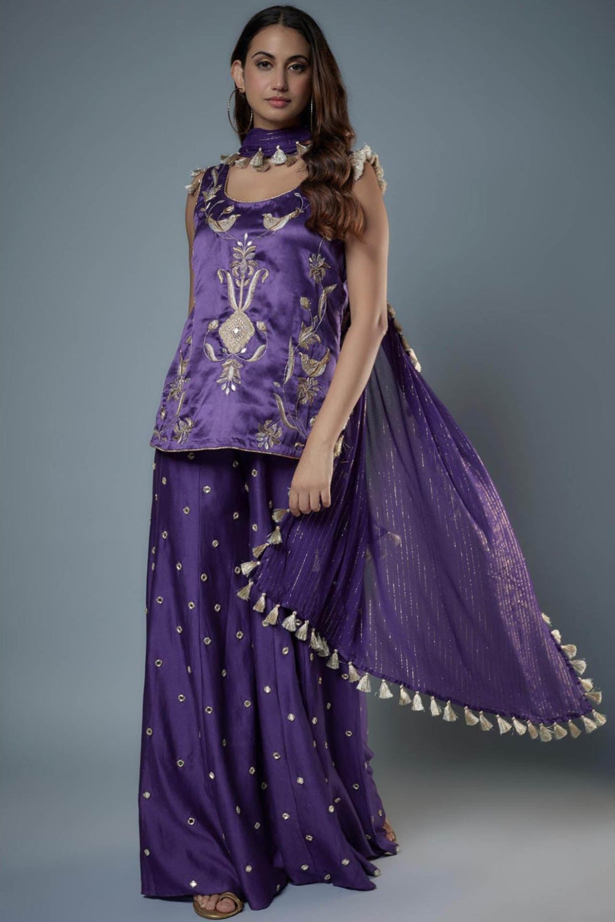 Purple Embroidered Kurta And Sharara With Dupatta