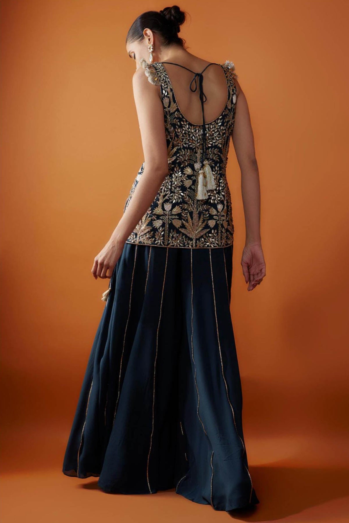 Navy Embroidered Kurta And Sharara With Dupatta