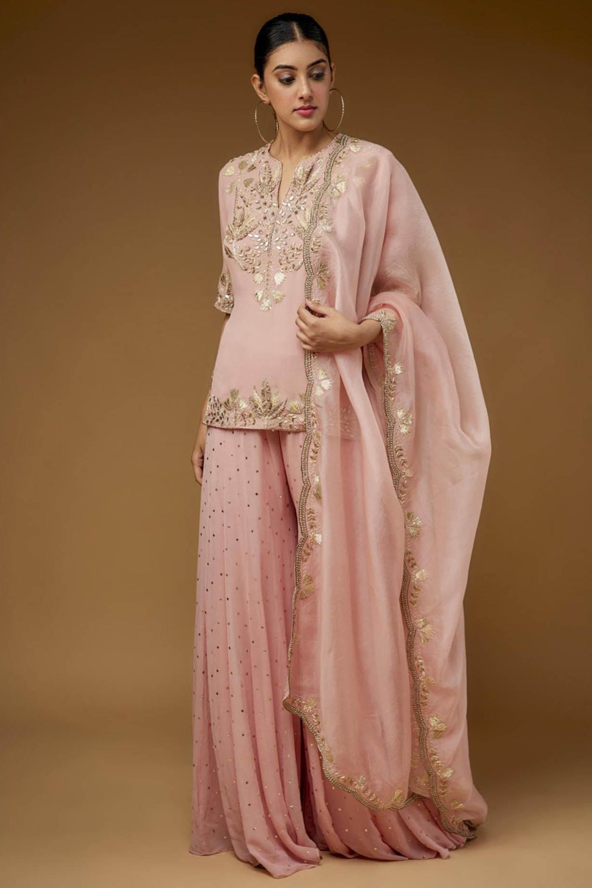 Rose Pink Embroidered Kurta And Sharara With Embroidered Dupatta
