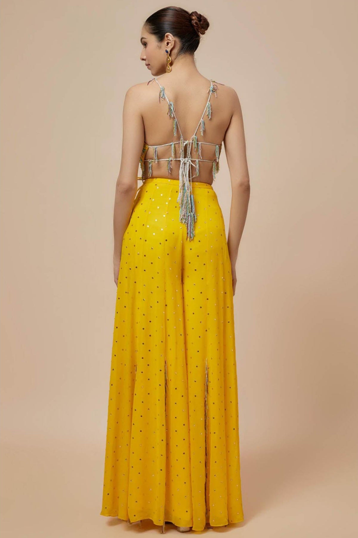 Lime Yellow Embroidered Back Tie-Up Choli And Sharara