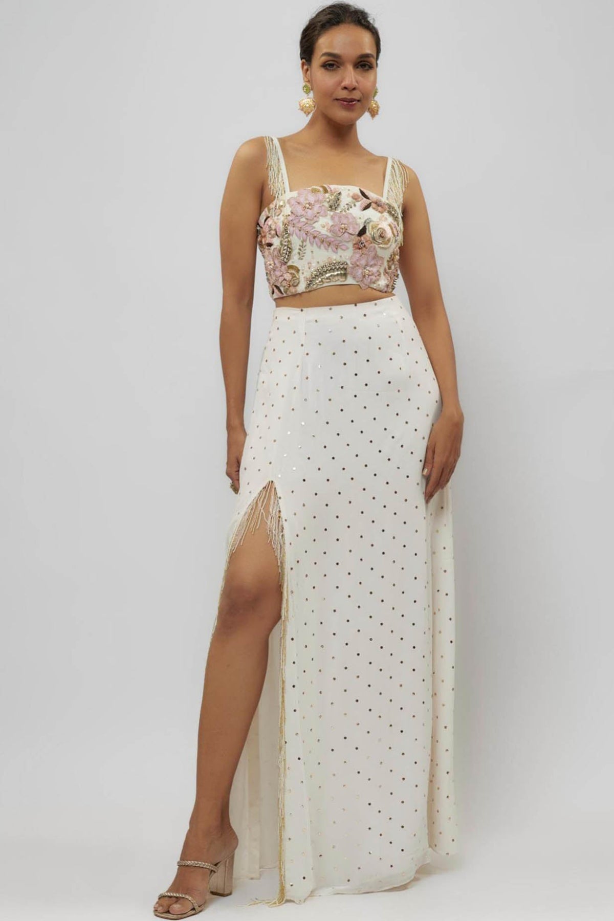 Off White Embroidered Choli With Slit Skirt