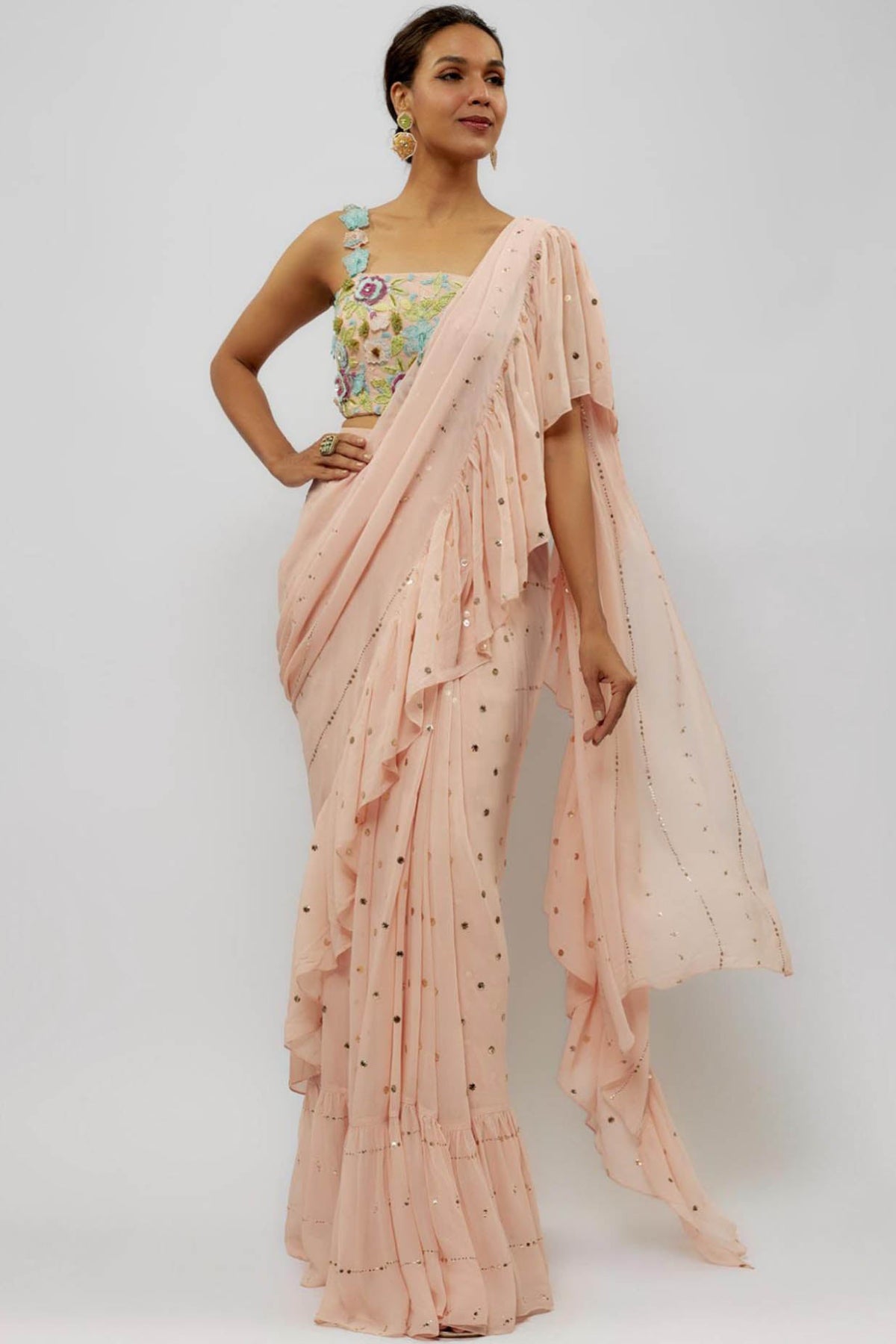 Blush Pink Embroidered Choli With Pre-Stitched Ruffle Saree