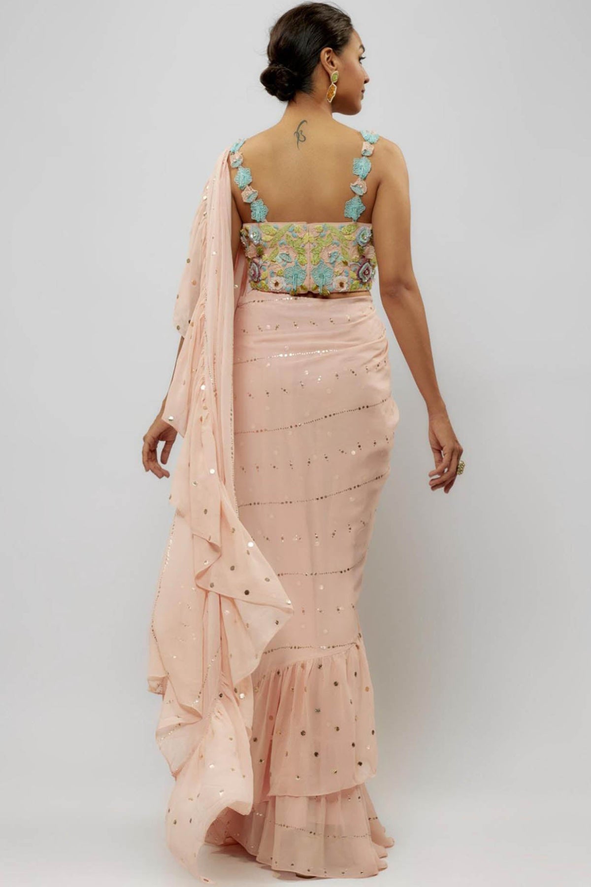 Blush Pink Embroidered Choli With Pre-Stitched Ruffle Saree