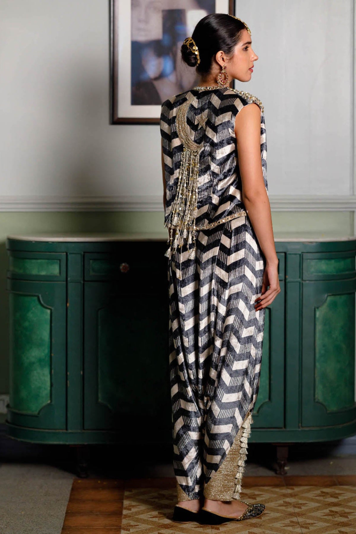 Fida Ladder Print Waist Coat With Bustier And Low Crotch Pant