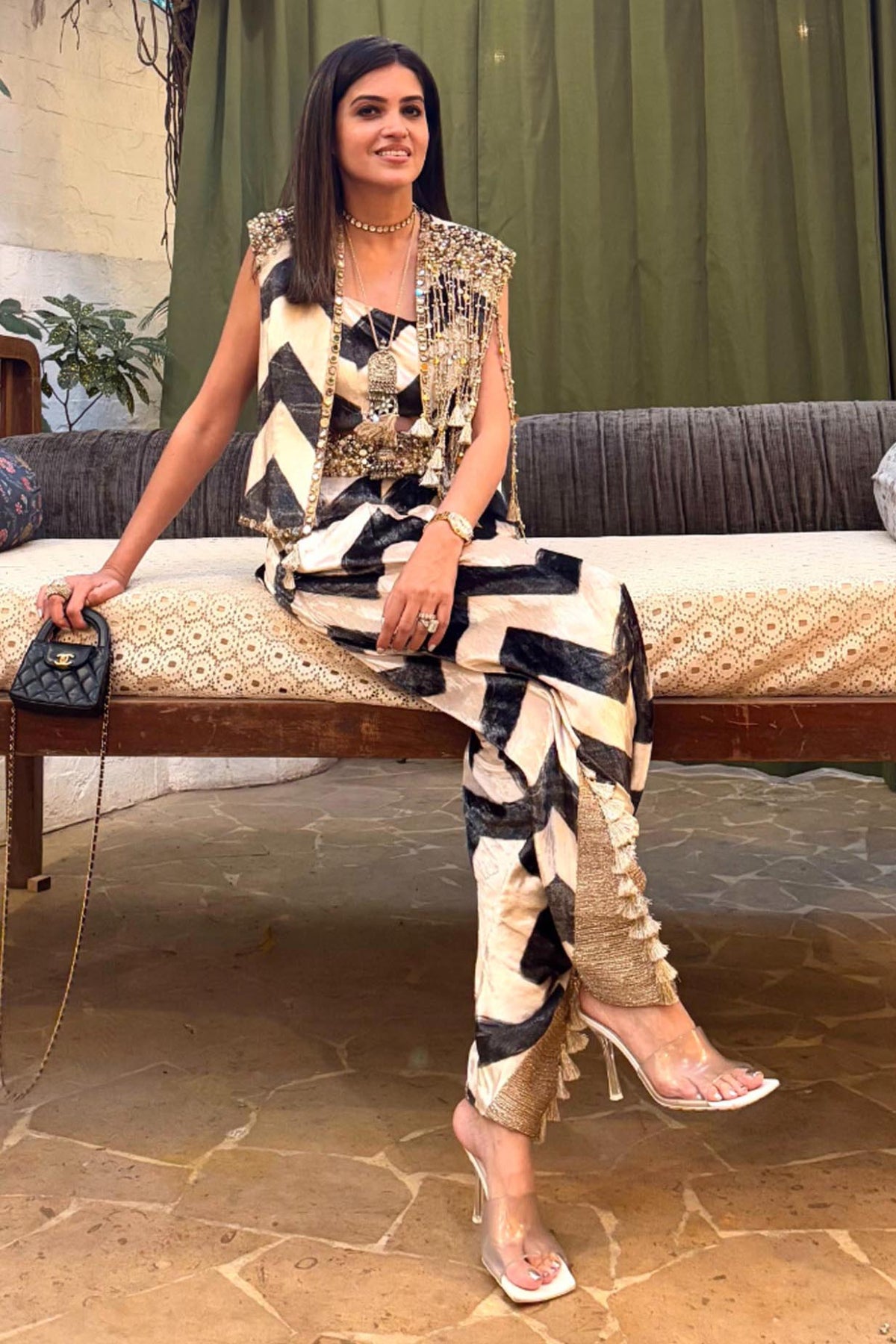 Chevron Print Velvet Bustier With Embroidered Jacket And Low Crotch Pants.