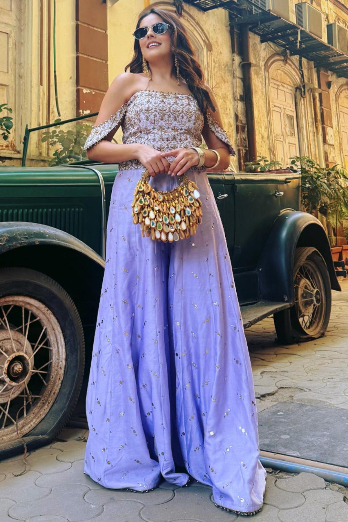 Lilac Georgette Embroidered Corset And Mukaish Silkmul Sharara