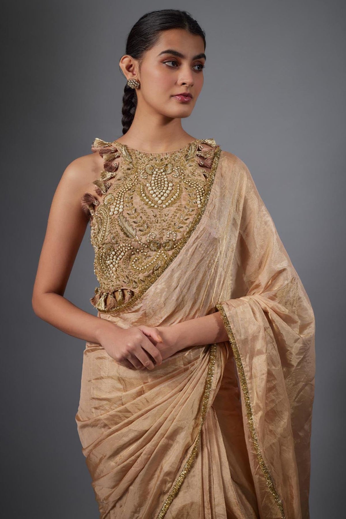 Dull Rose Color Embroidered Tissue Fabric Short Choli With Stitched Saree