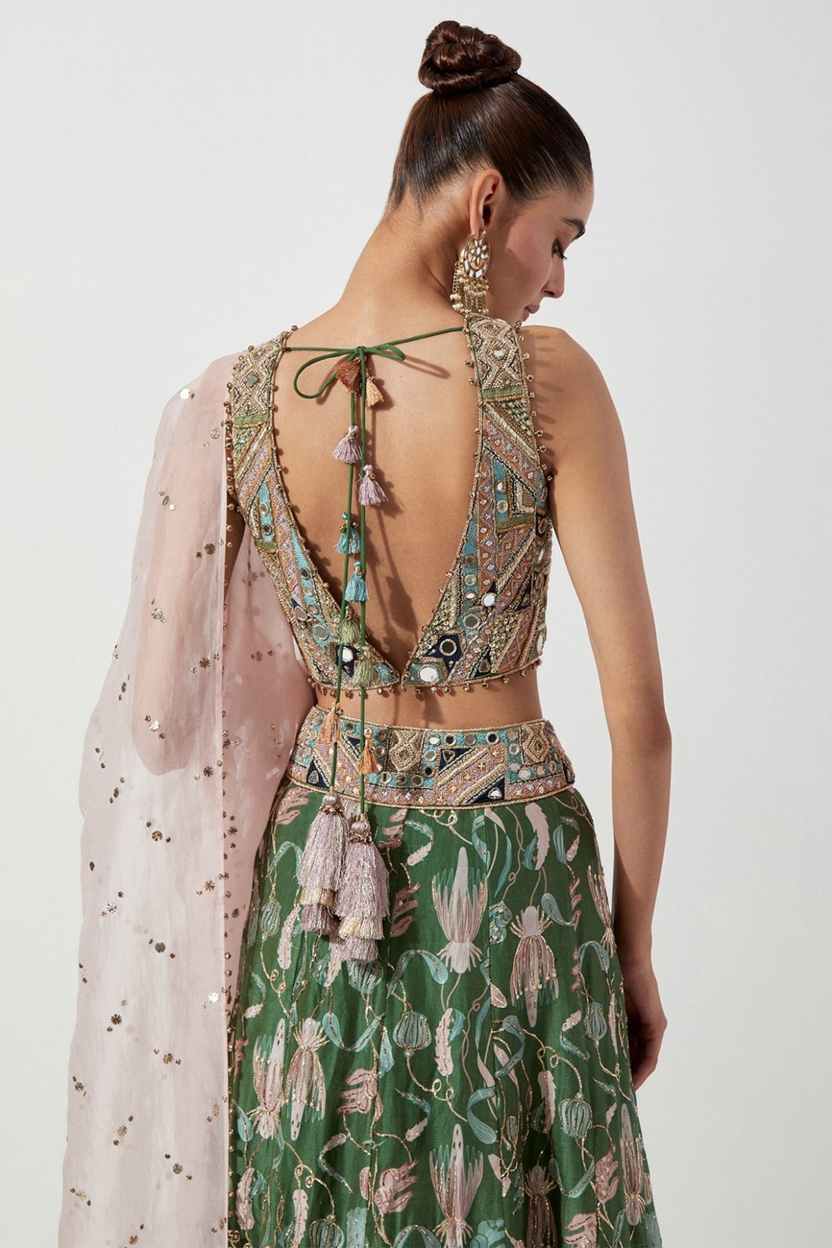 GREEN EMBROIDERED CHOLI & PRINTED LEHENGA WITH PINK ORGANZA DUPATTA