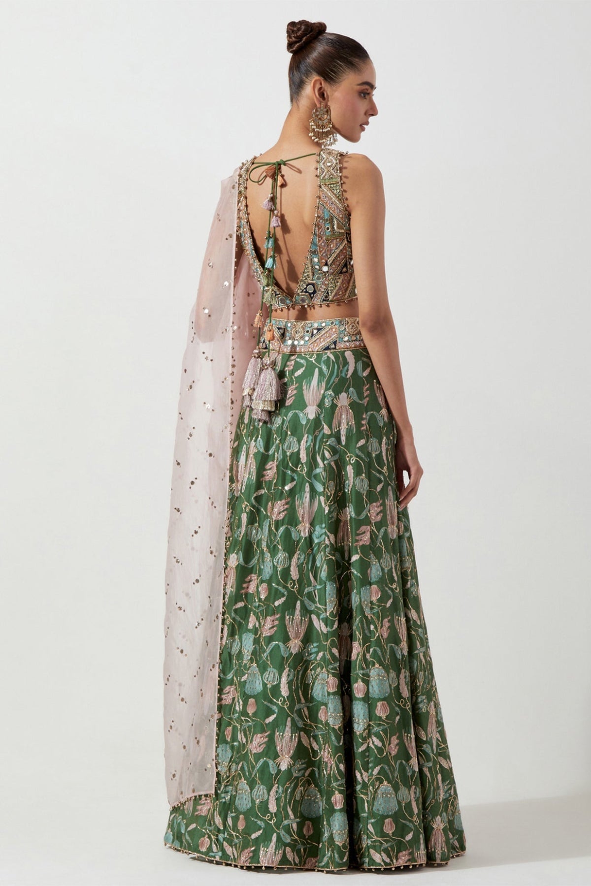 GREEN EMBROIDERED CHOLI & PRINTED LEHENGA WITH PINK ORGANZA DUPATTA