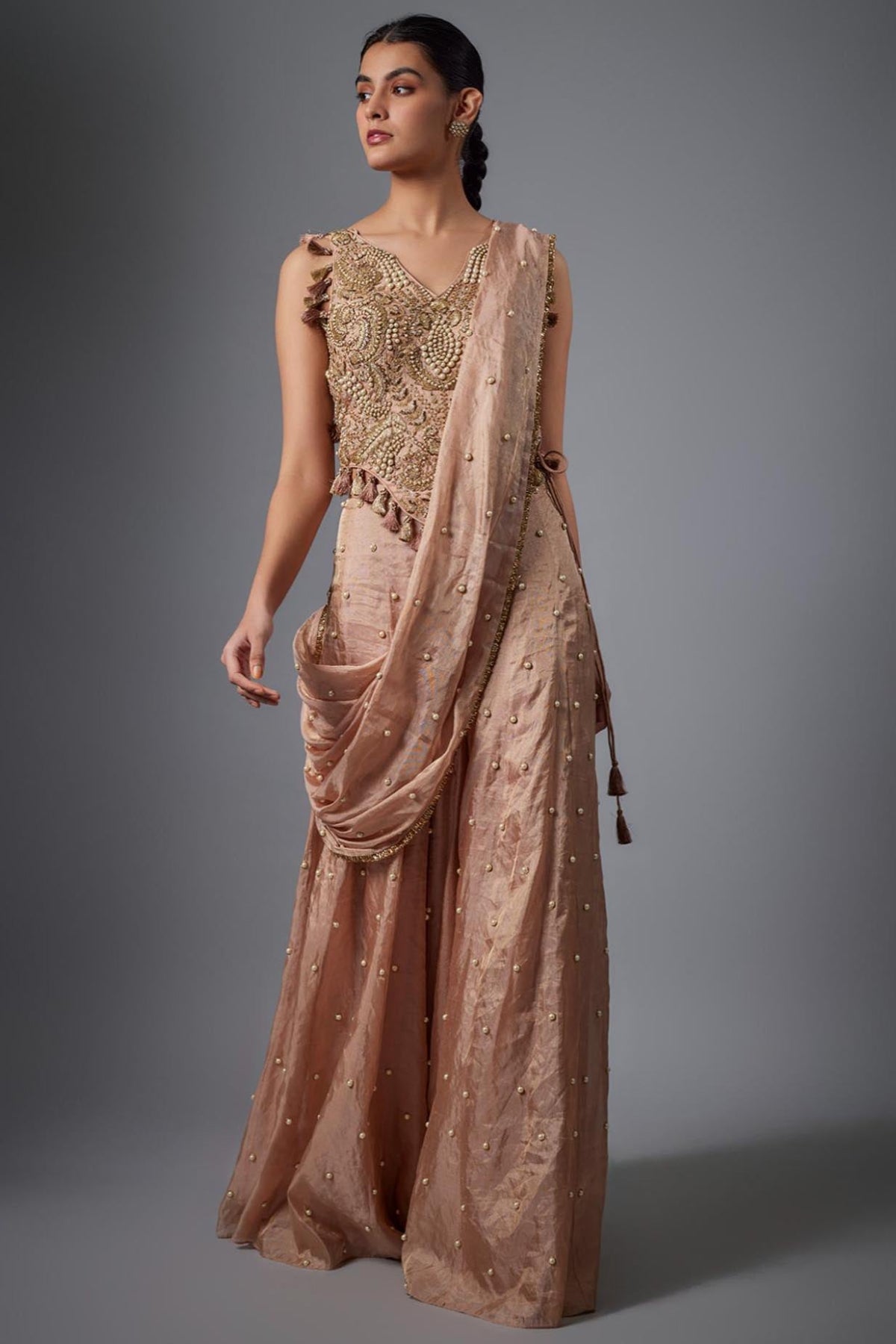 Dull Rose Tissue Embroidered Tissue Choli And Embroidred Sharara With Pallu