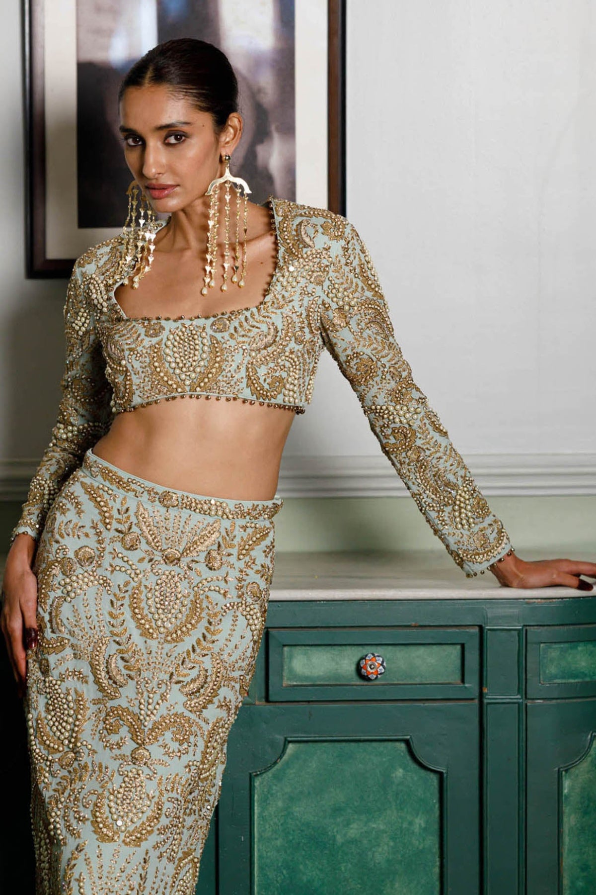 Soha Mint Embroidered Choli And Skirt