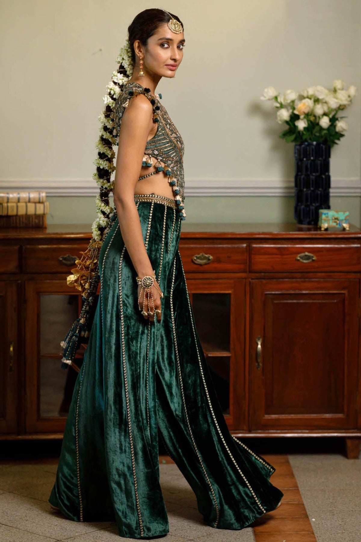 Benazir Emerald Green Embroidered Back Tie-Up Choli And Sharara Pant