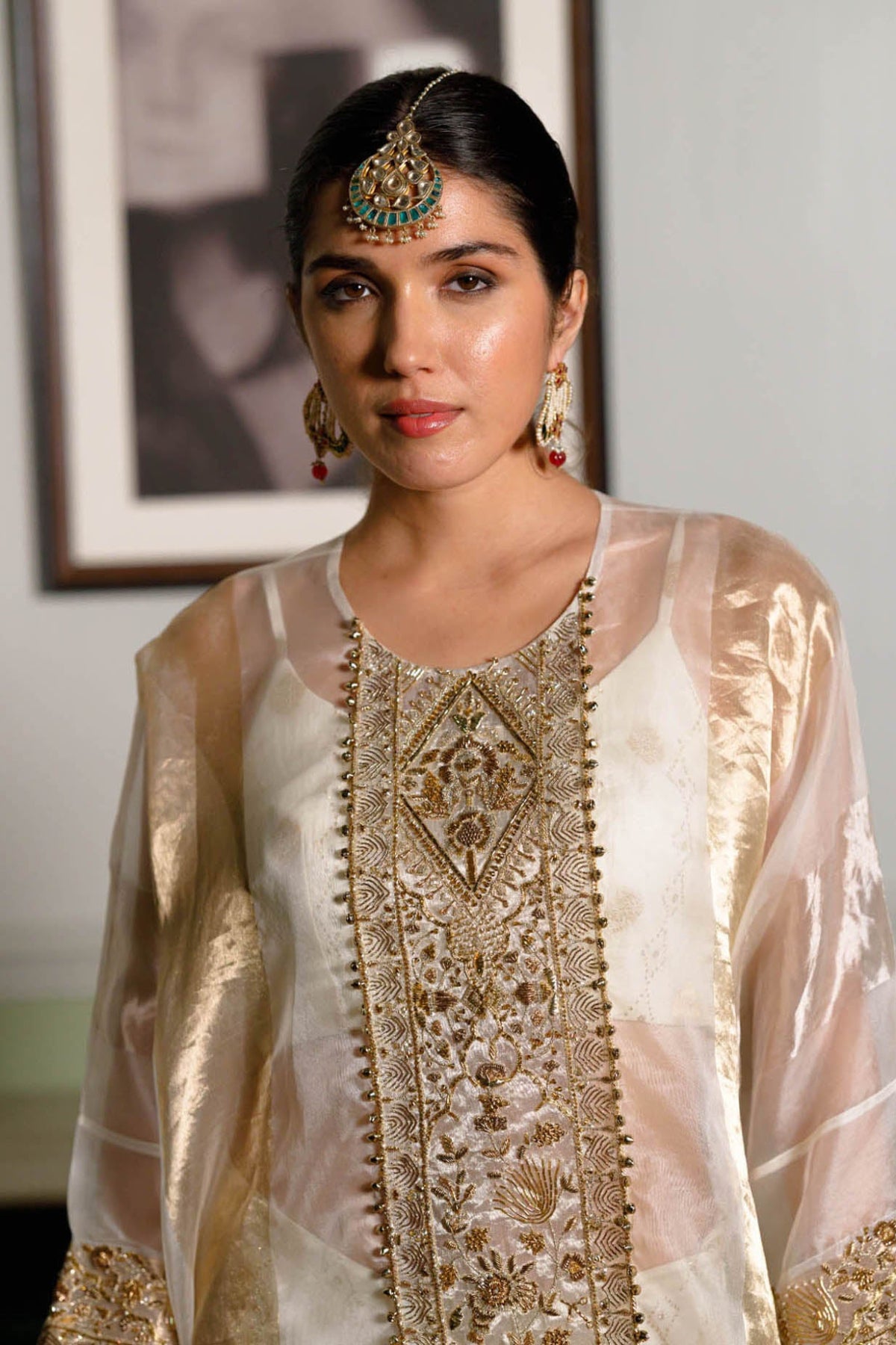 Parhez Gold Embroidered Tunic With Bustier And Palazzo