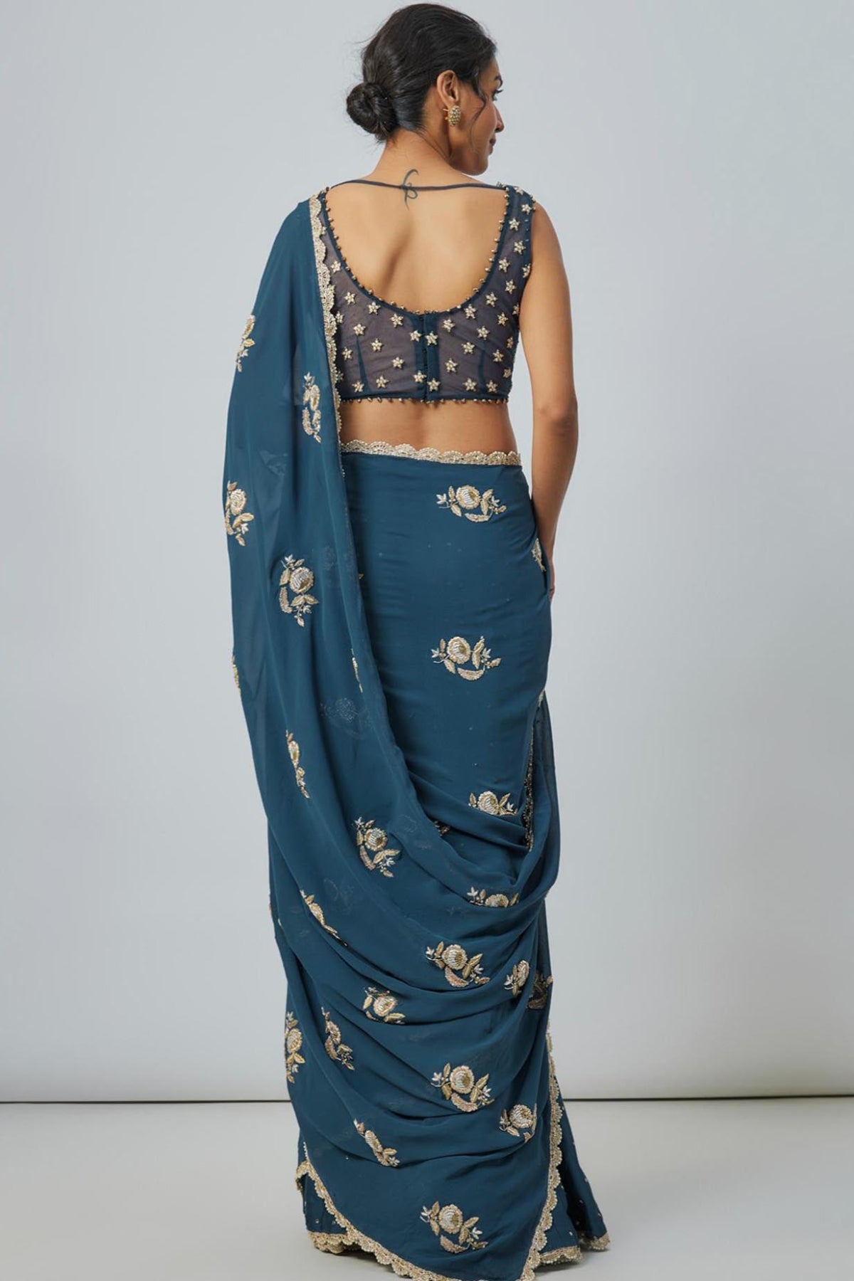 Teal Blue Embroidered Choli With Embroidered Saree