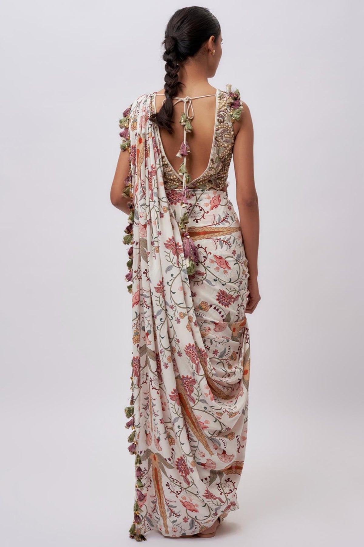 Cream Georgette Embroidered Choli With Cream Ochre Forest Whisper Print Crepe Pre-Stitched Saree.