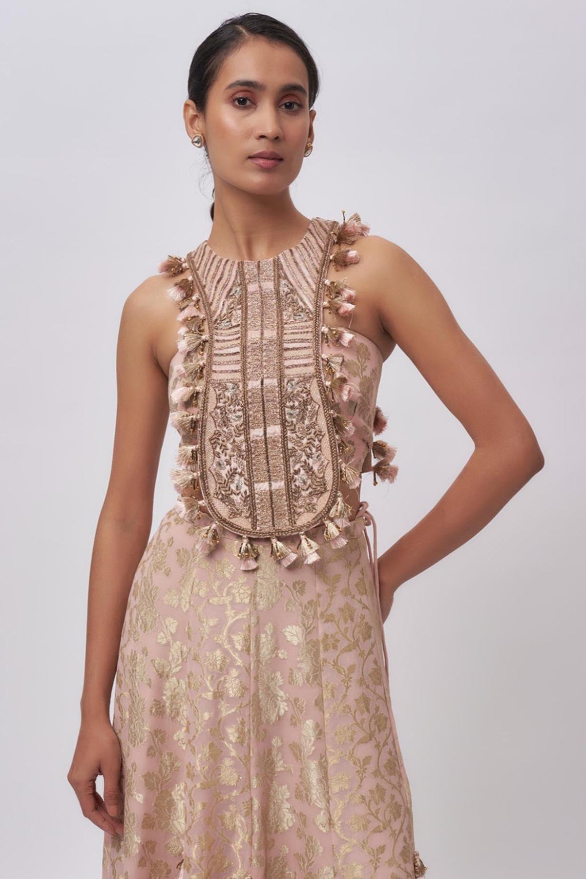 Blush Pink Velvet Embroidered Yoke Bib With Brocade Silk Bustier And Skirt