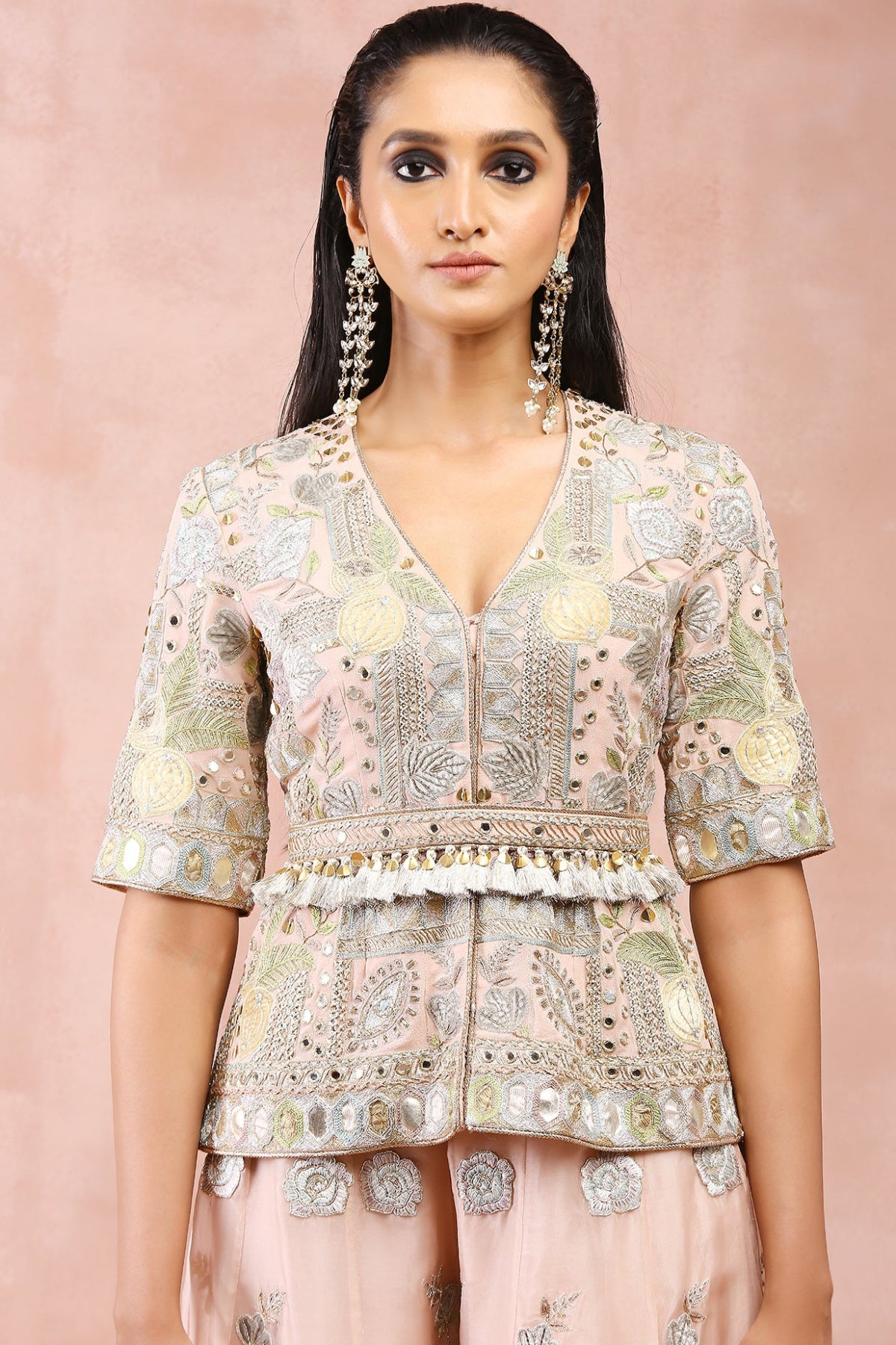 ROSE PINK APPLIQUE EMBROIDERD SHORT KURTA WITH BELT AND ORGANZA SHARARA
